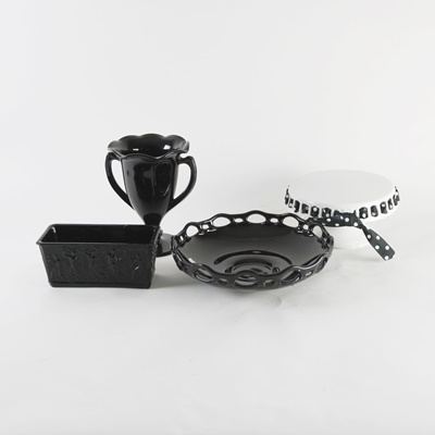 Vintage Black Glass and White Porcelain Tableware