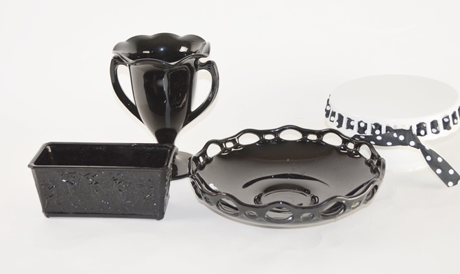 Vintage Black Glass and White Porcelain Tableware