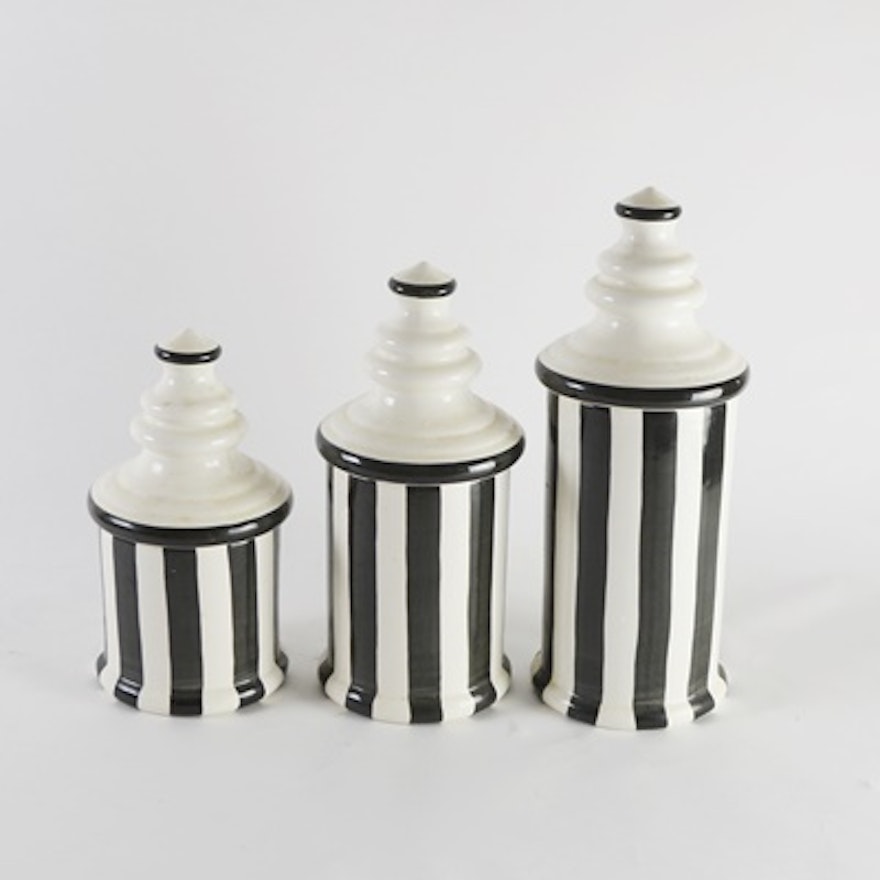 Laurie Gates Black and White Striped Ceramic Canisters