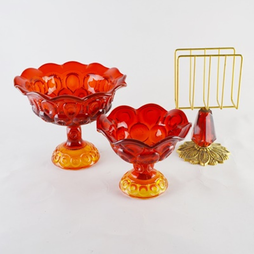 Amberina "Moon and Star" Patterned Glass Compotes and Napkin Holder