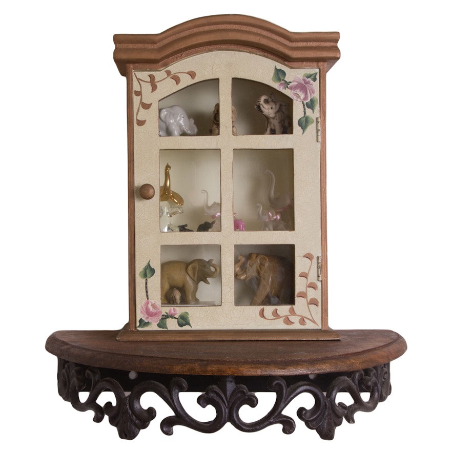 Hand Painted Tabletop Cabinet with Miniature Elephant Figurines