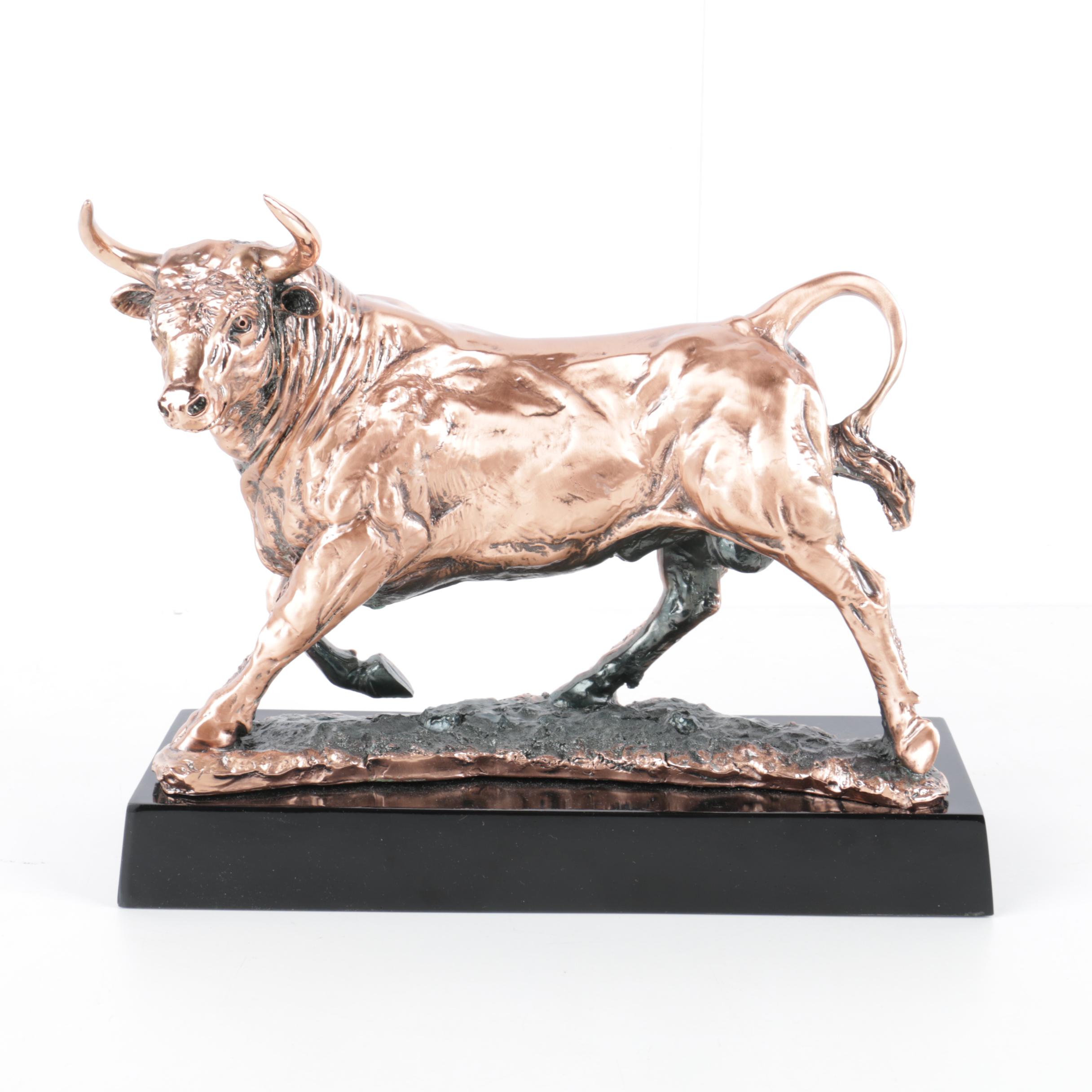 Copper and Resin Running Bull Sculpture