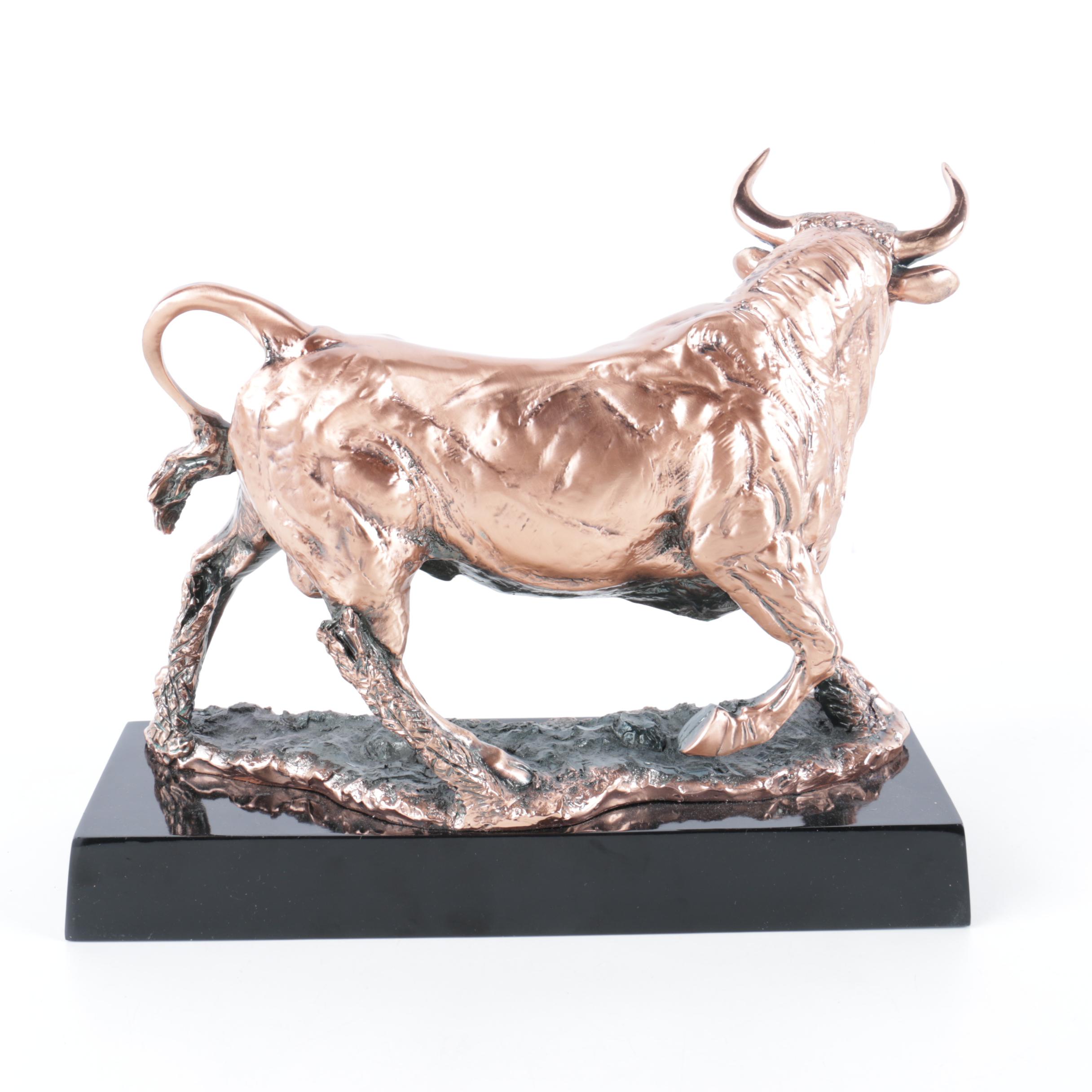 Copper and Resin Running Bull Sculpture