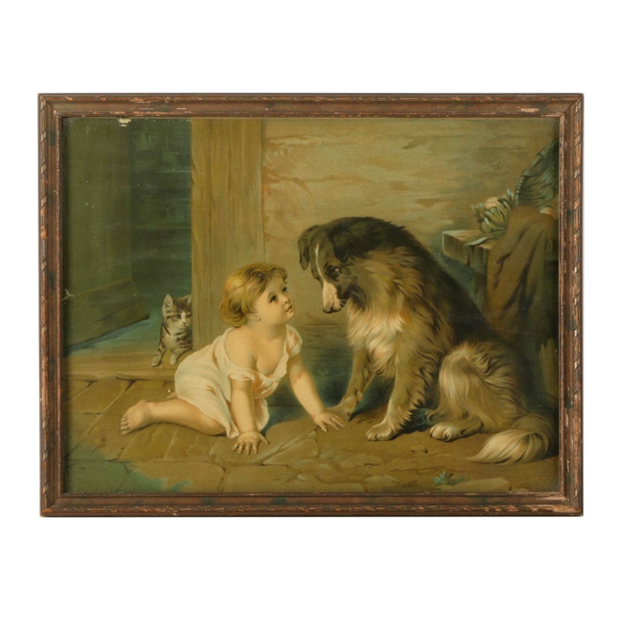 Vintage Chromolithograph Print of a Child and Dog