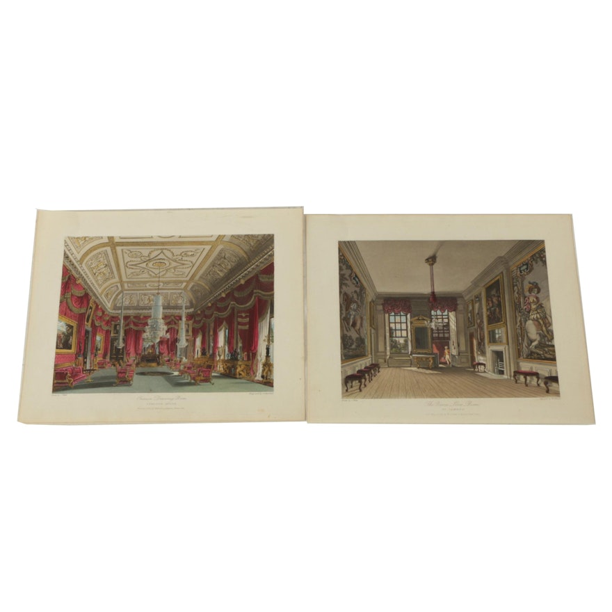 Two Hand-Colored Aquatint Etchings of Interior Spaces After Charles Wild