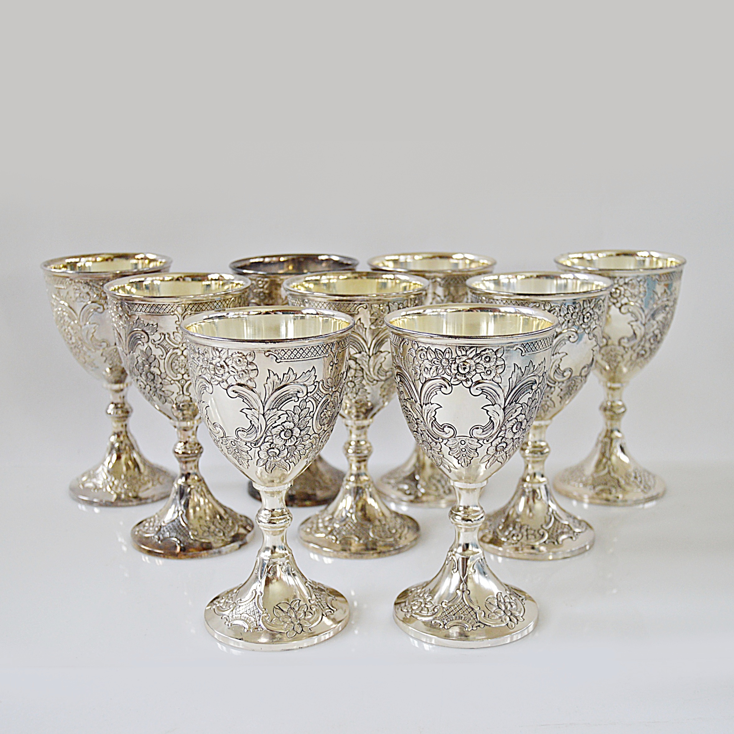 Set of Ornate Silver Plate Goblets and Cordials