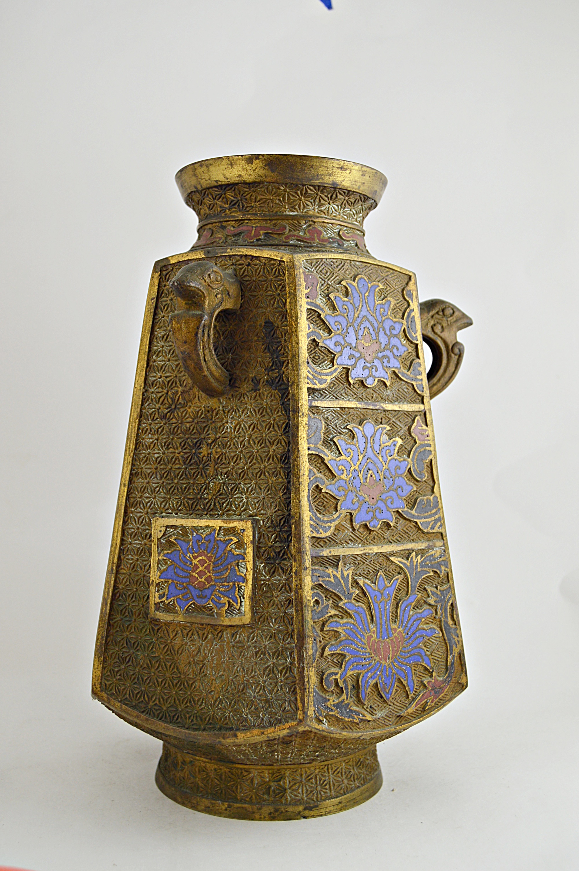 Vintage Asian Brass Urn with Enameled Flowers