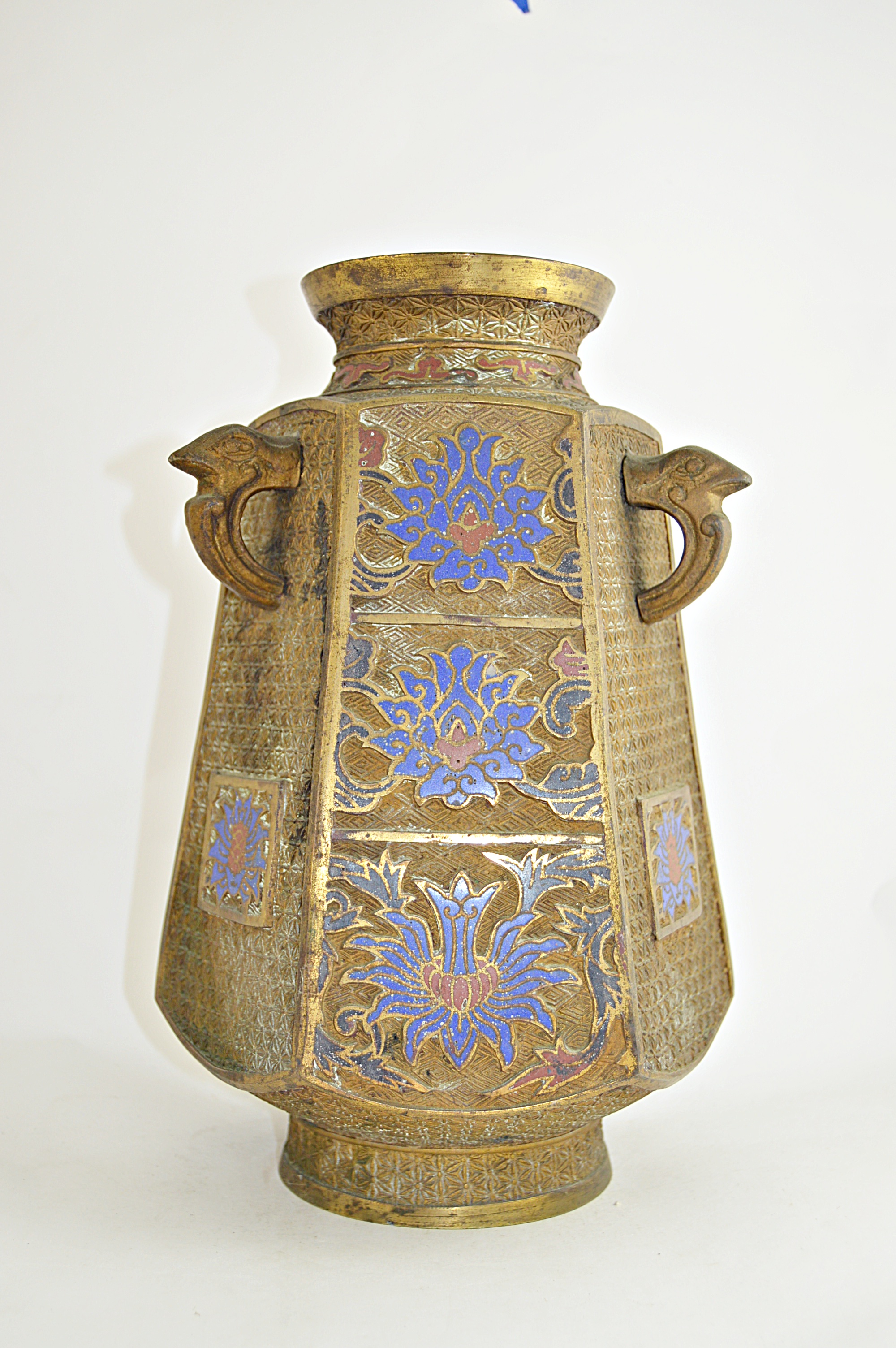 Vintage Asian Brass Urn with Enameled Flowers