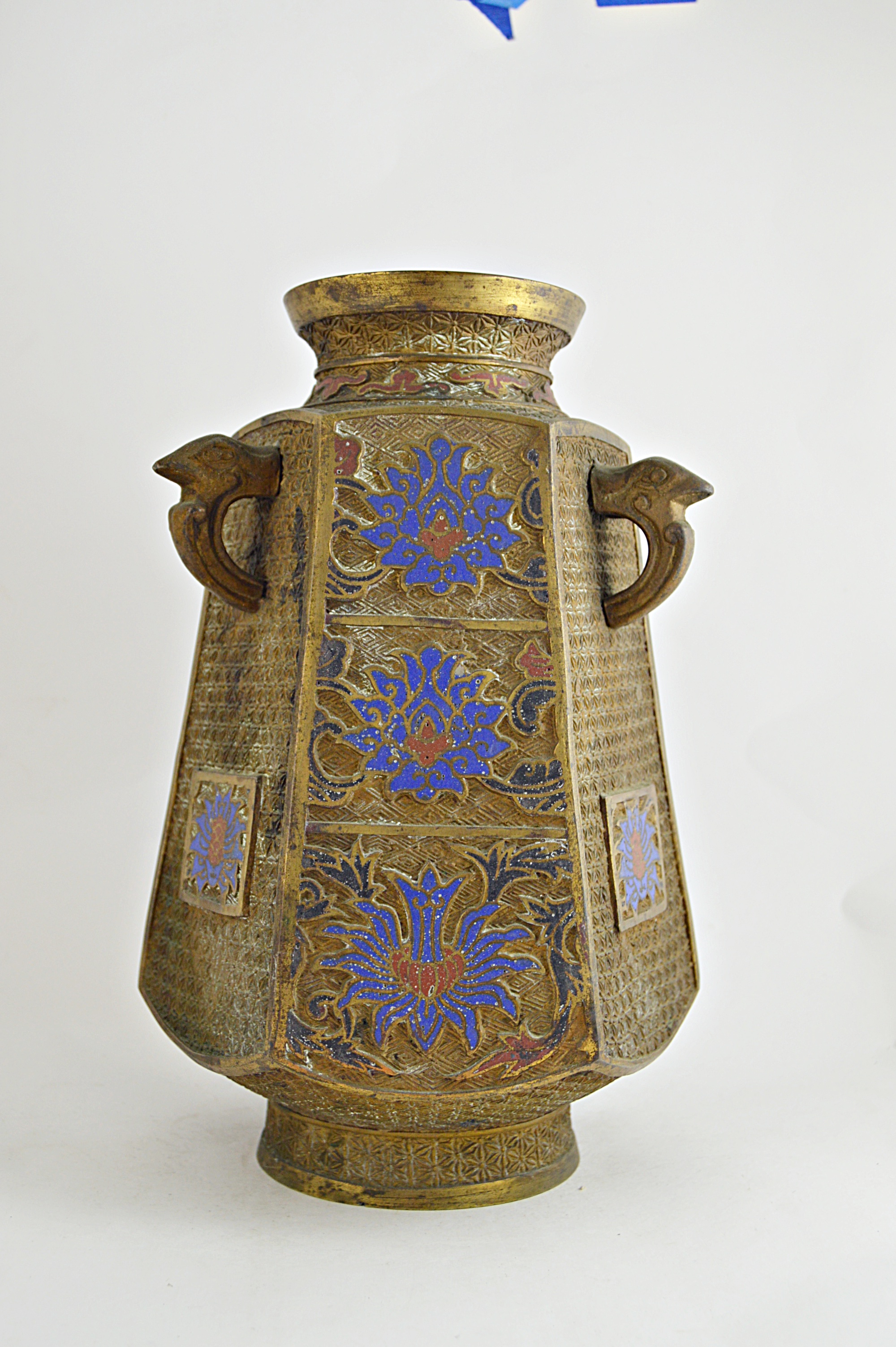 Vintage Asian Brass Urn with Enameled Flowers