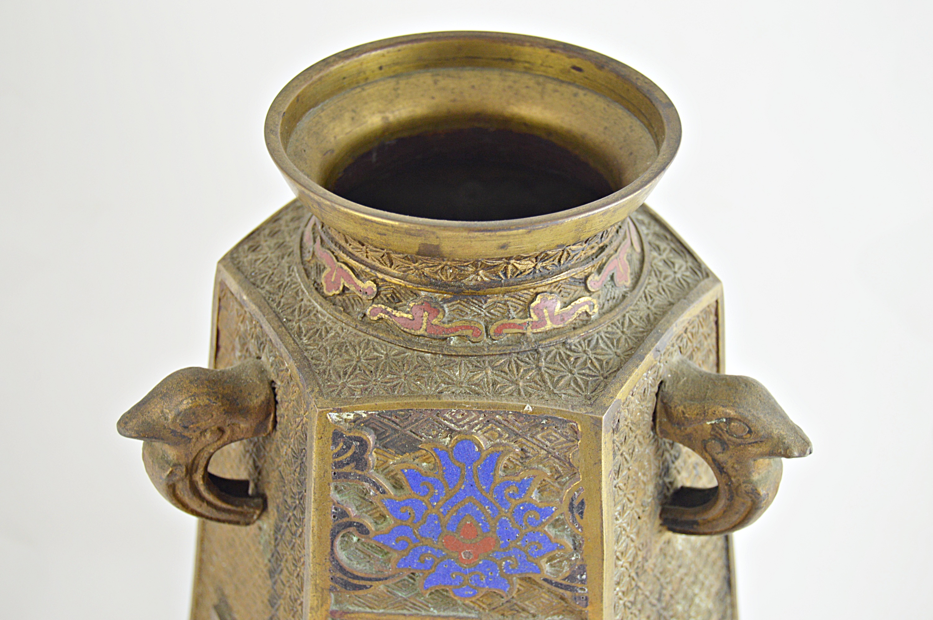 Vintage Asian Brass Urn with Enameled Flowers