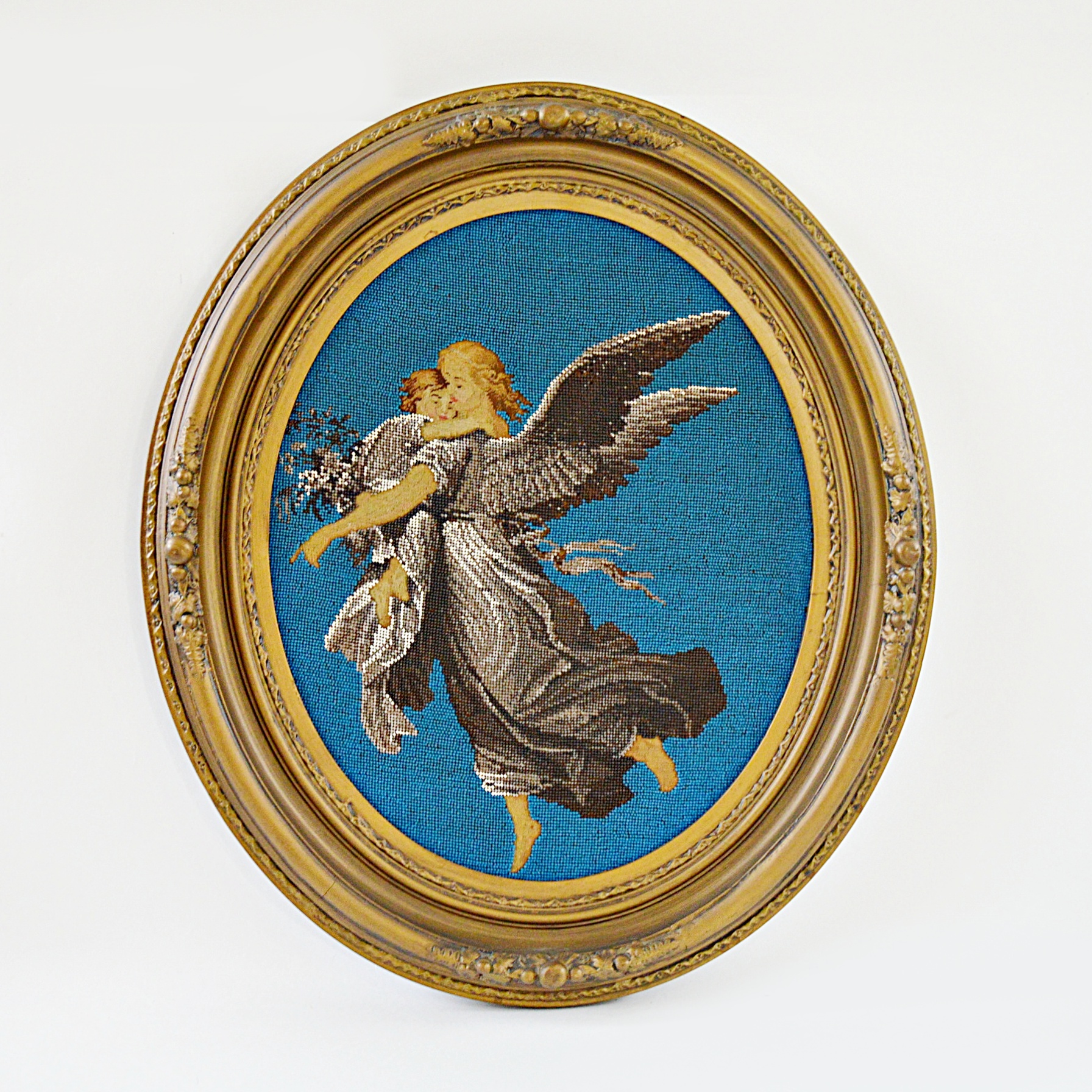 Victorian Hand Beaded Needlepoint of an Angel with Child