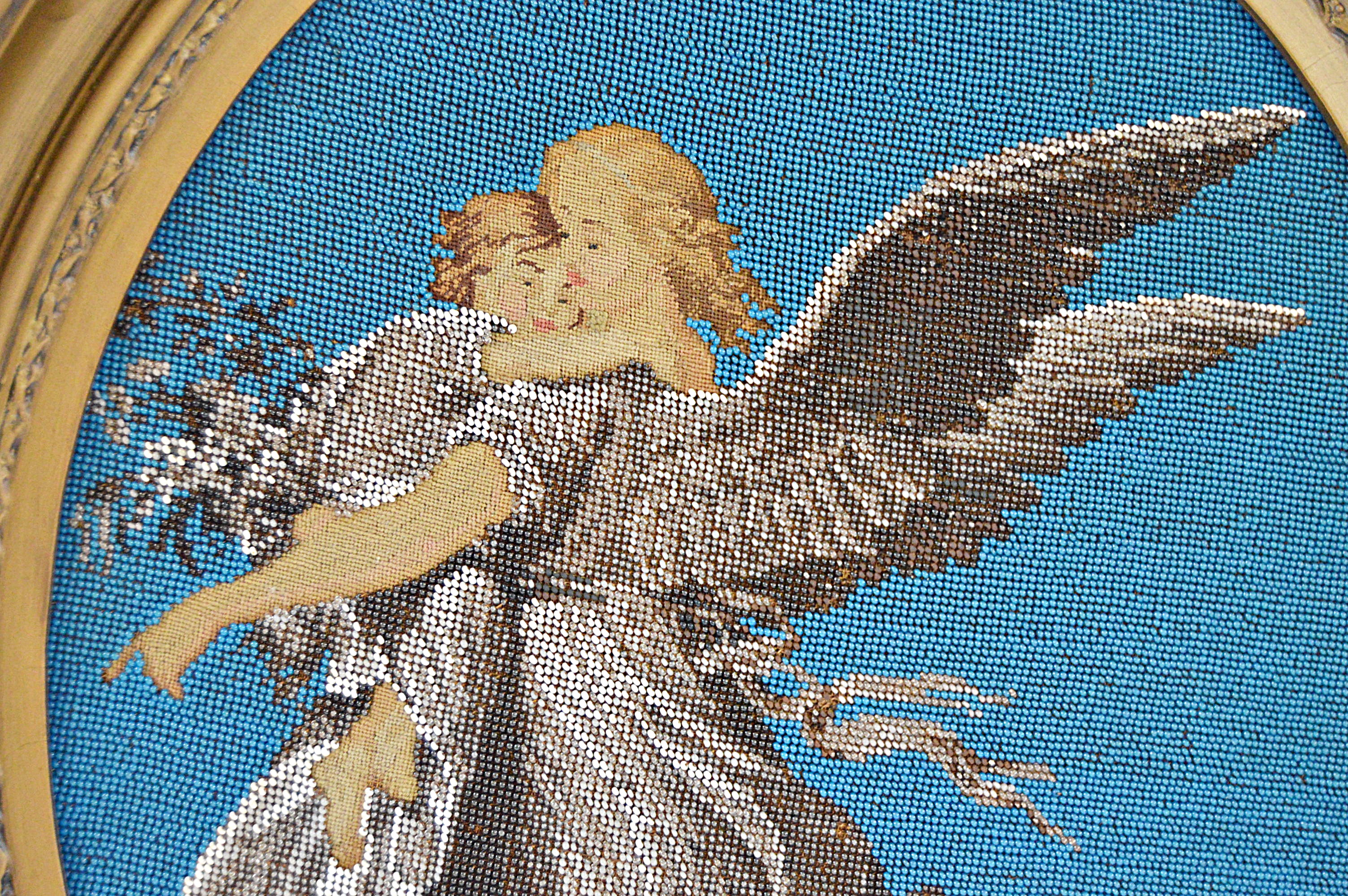 Victorian Hand Beaded Needlepoint of an Angel with Child