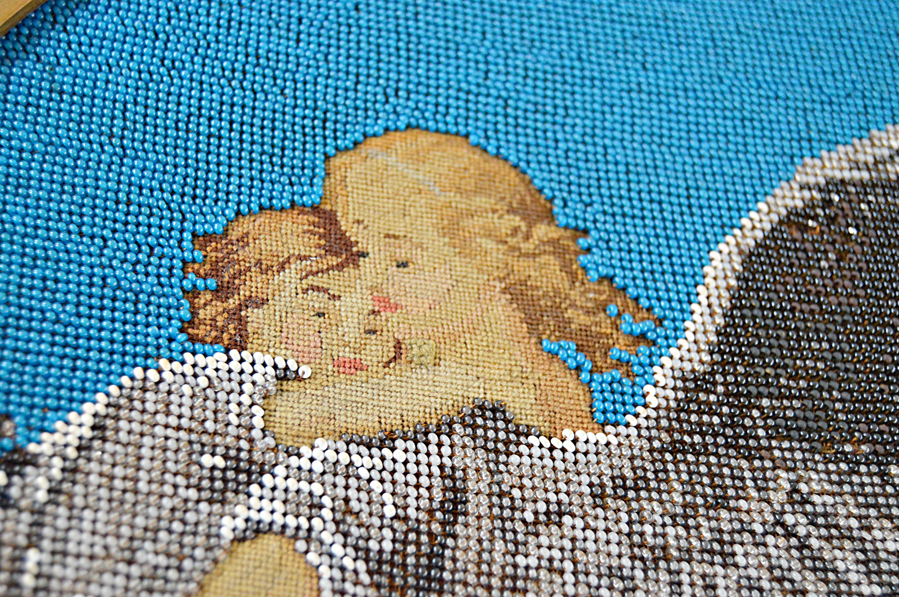 Victorian Hand Beaded Needlepoint of an Angel with Child