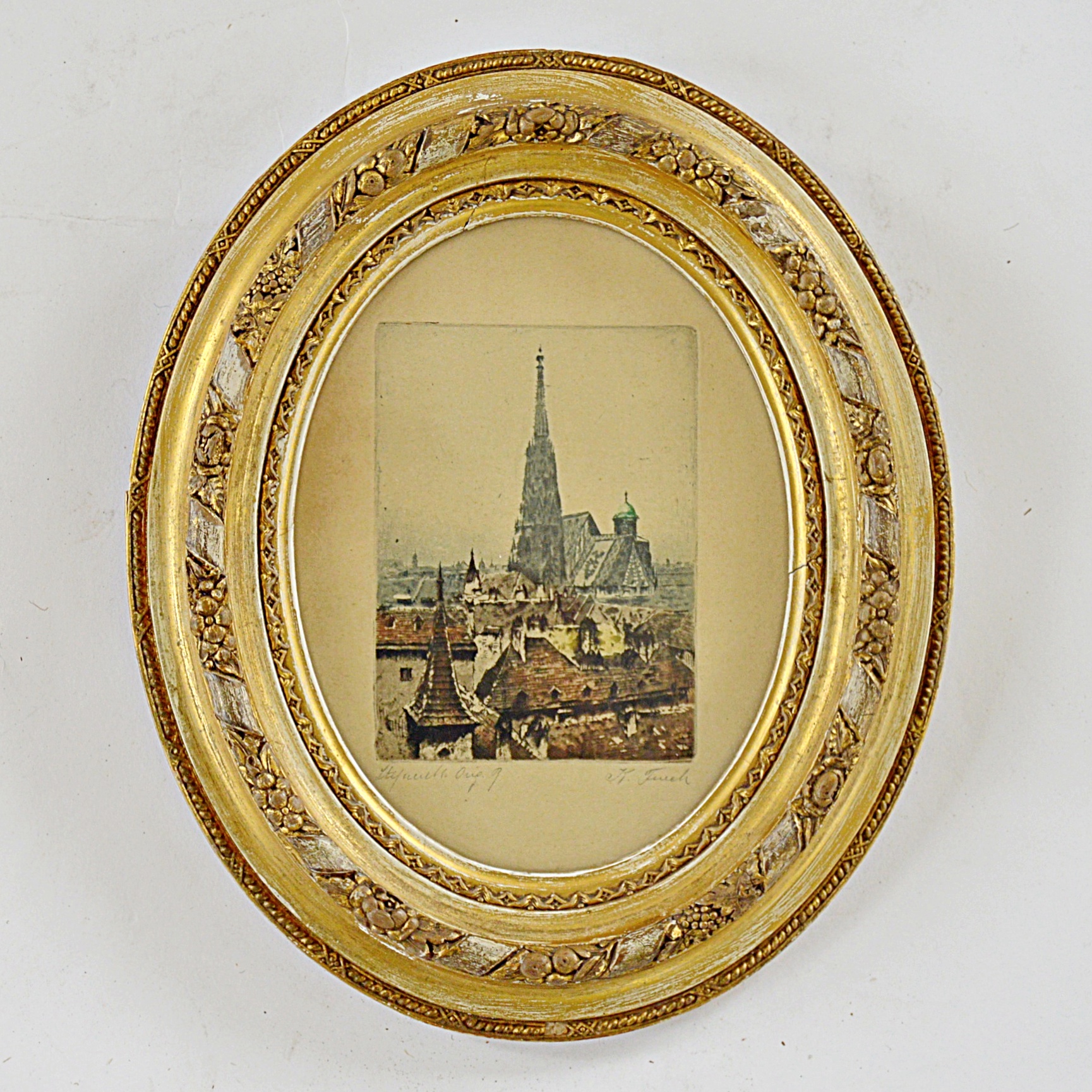 Antique Hand Tinted Etching of an European Village