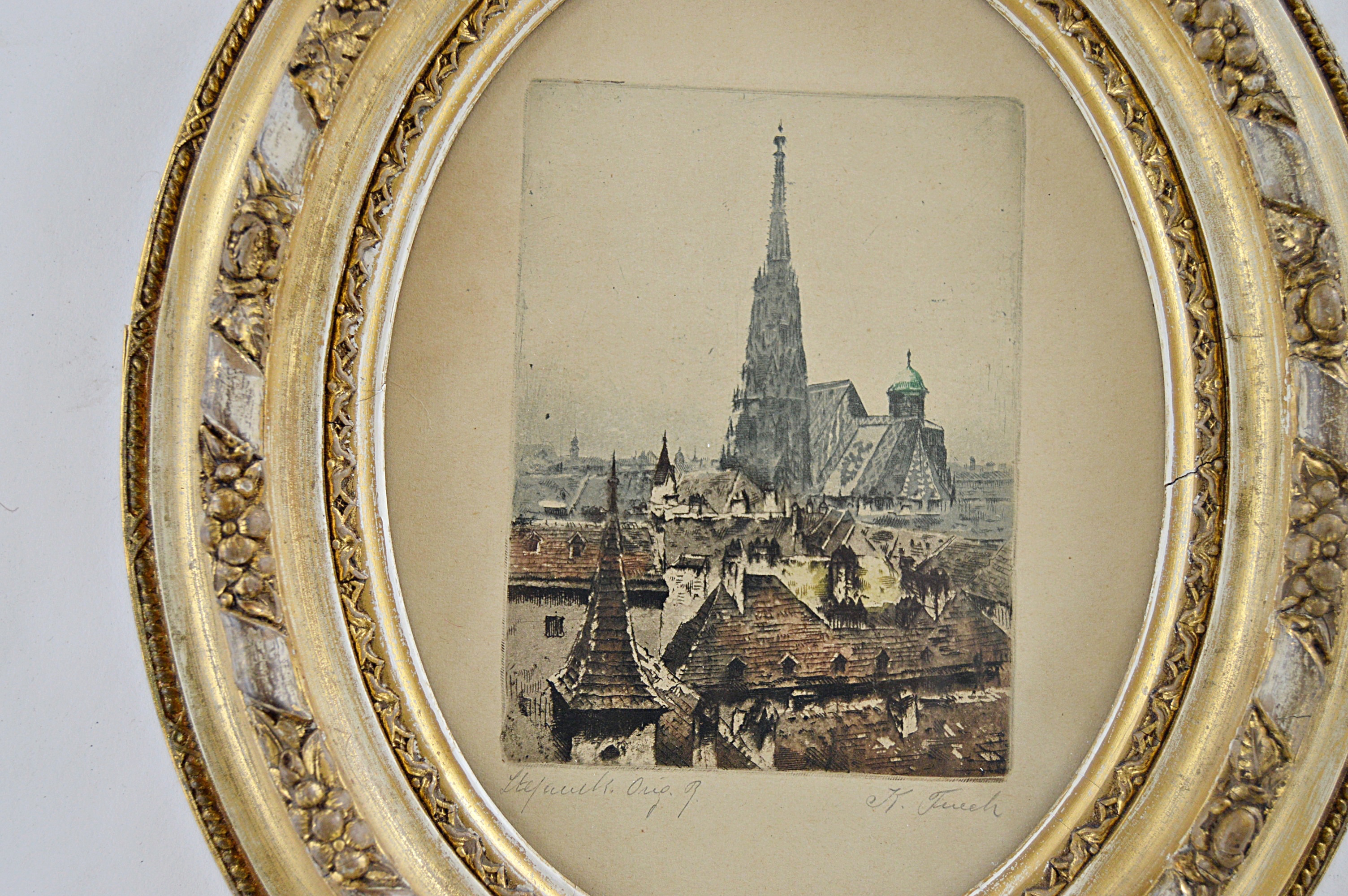 Antique Hand Tinted Etching of an European Village