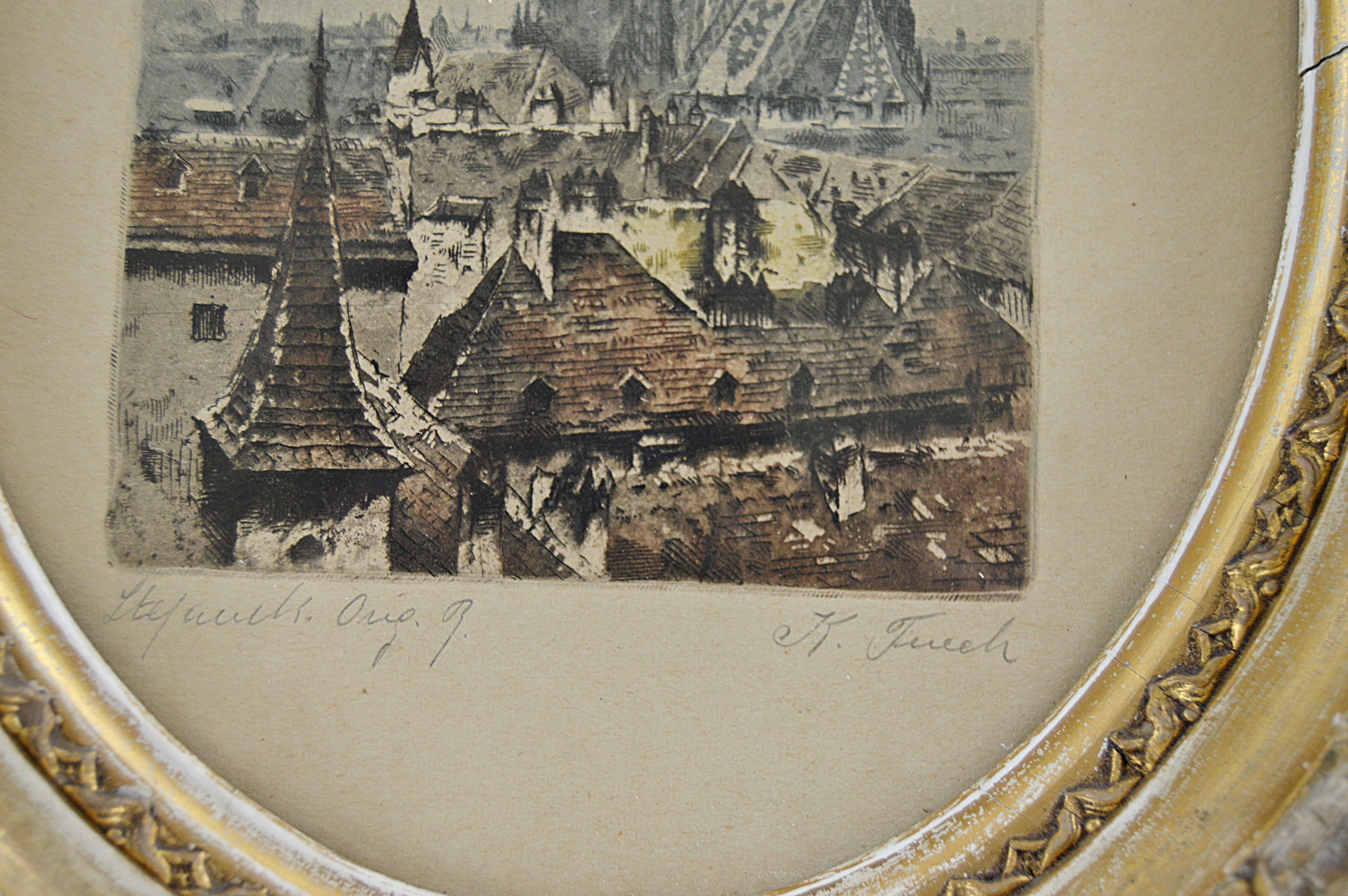 Antique Hand Tinted Etching of an European Village