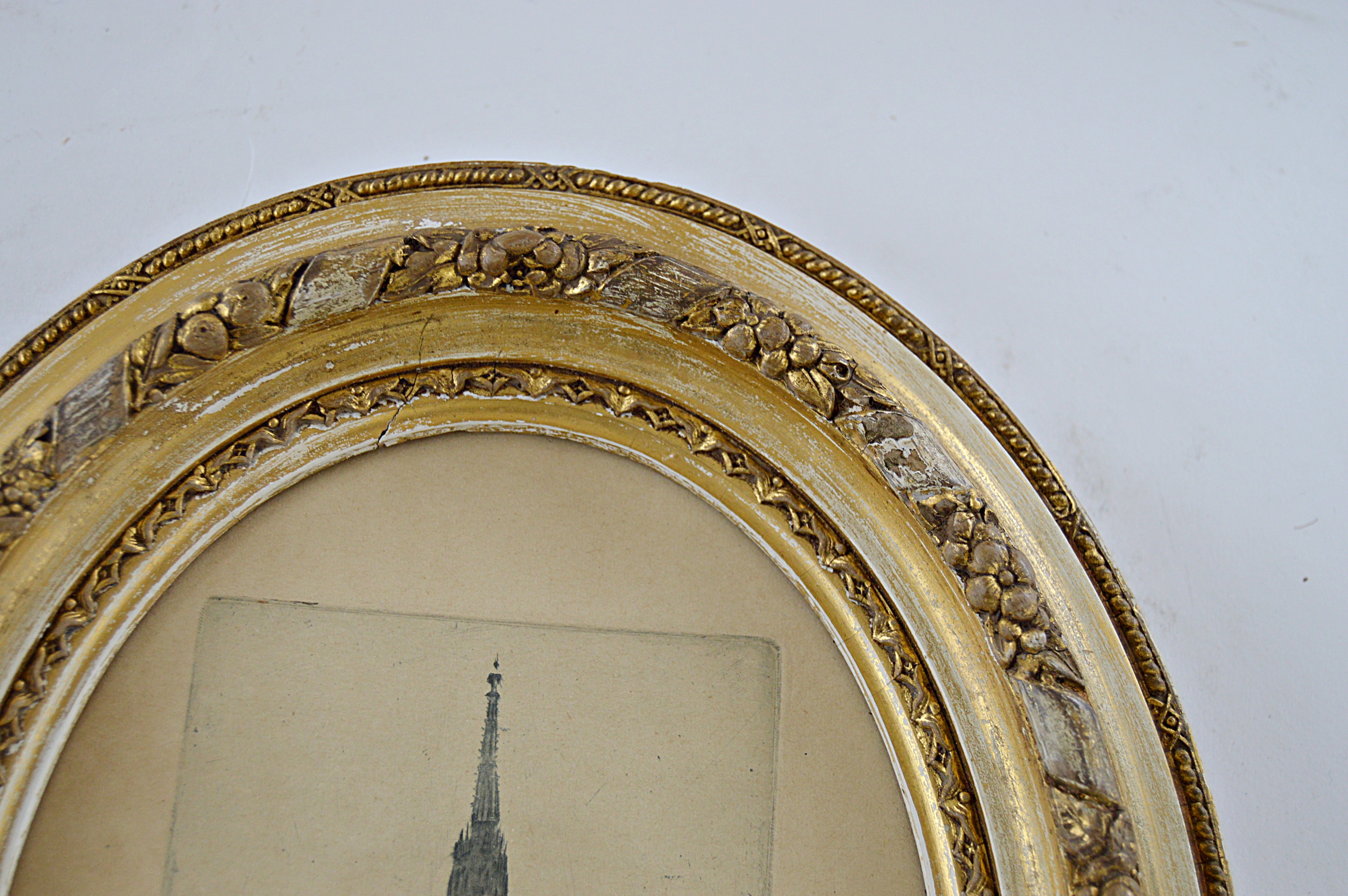 Antique Hand Tinted Etching of an European Village