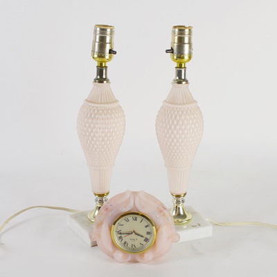 Pink Glass Table Lamps and Fenton Alarm Clock