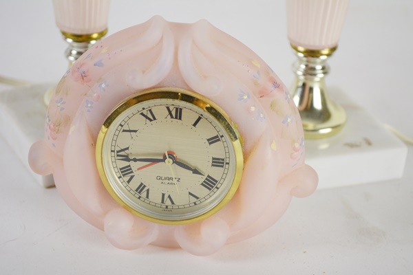 Pink Glass Table Lamps and Fenton Alarm Clock