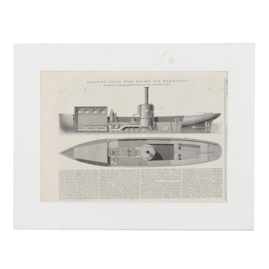 19th Century Woodcut Print "Floating Steam Fire Engine"