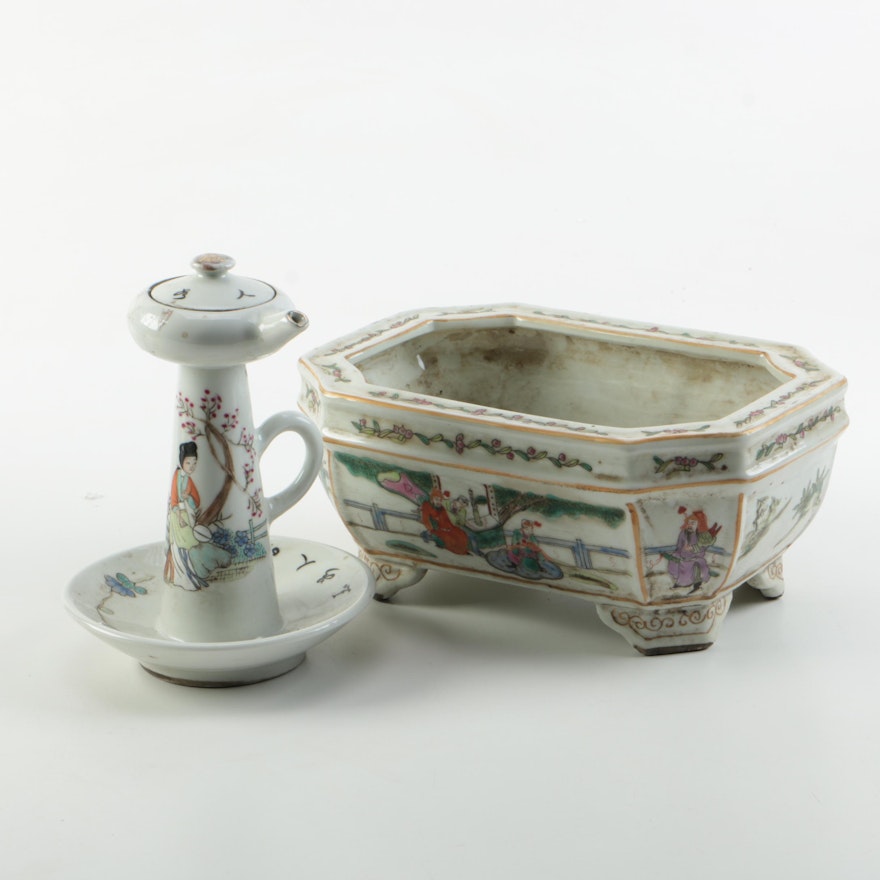 Chinese Hand Decorated Porcelain Planter and East Asian Oil Lamp