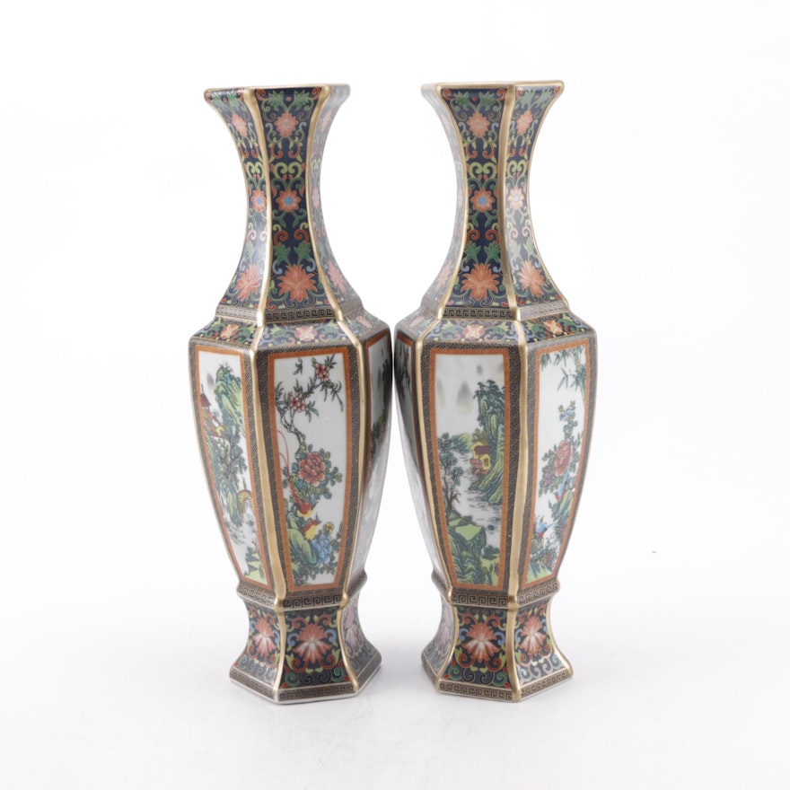 Pair of Chinese Hexagonal Faux Cloisonne Style Vases