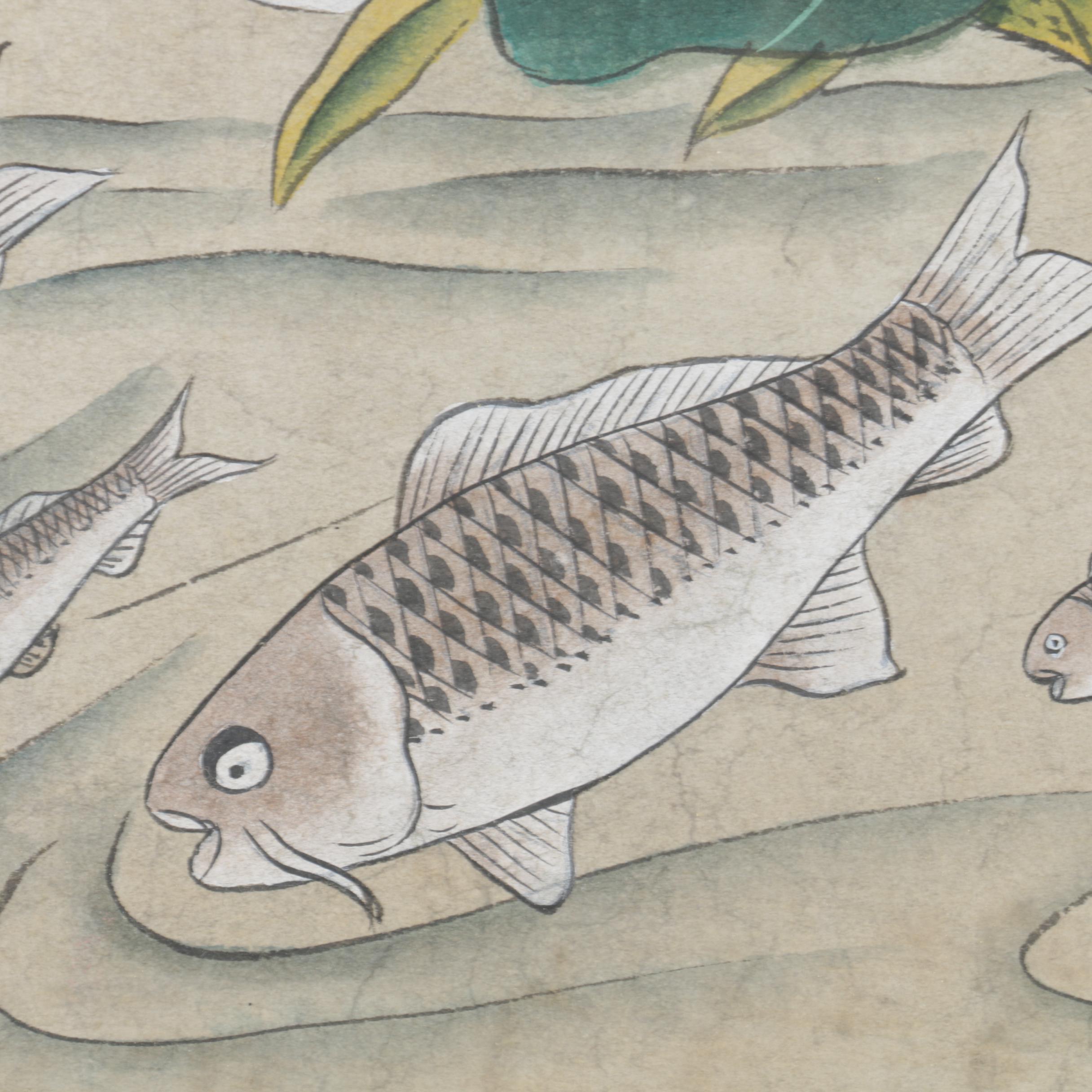 East Asian Watercolor, Gouache and Ink Wash Painting of Birds and Water Lilies