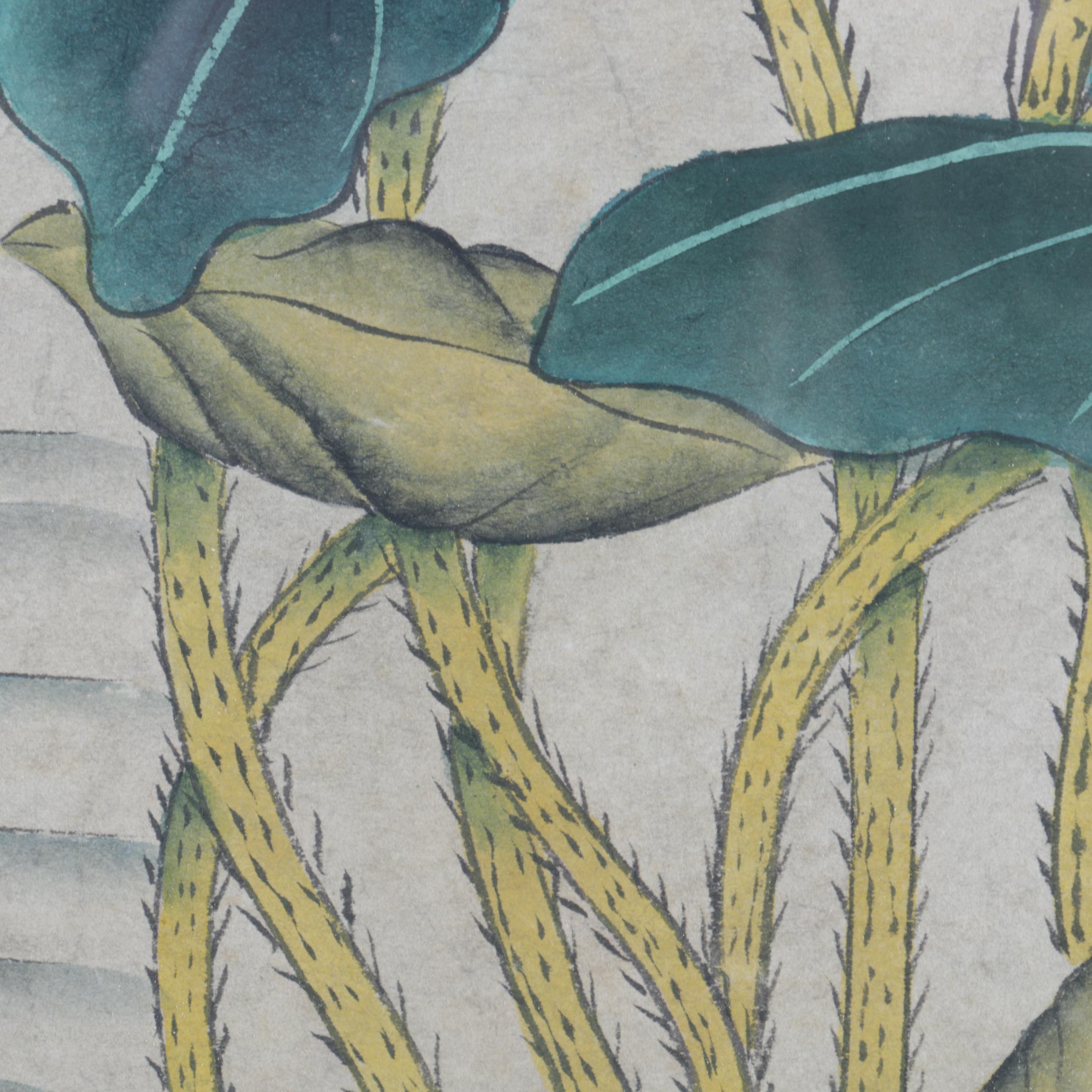 East Asian Watercolor, Gouache and Ink Wash Painting of Birds and Water Lilies