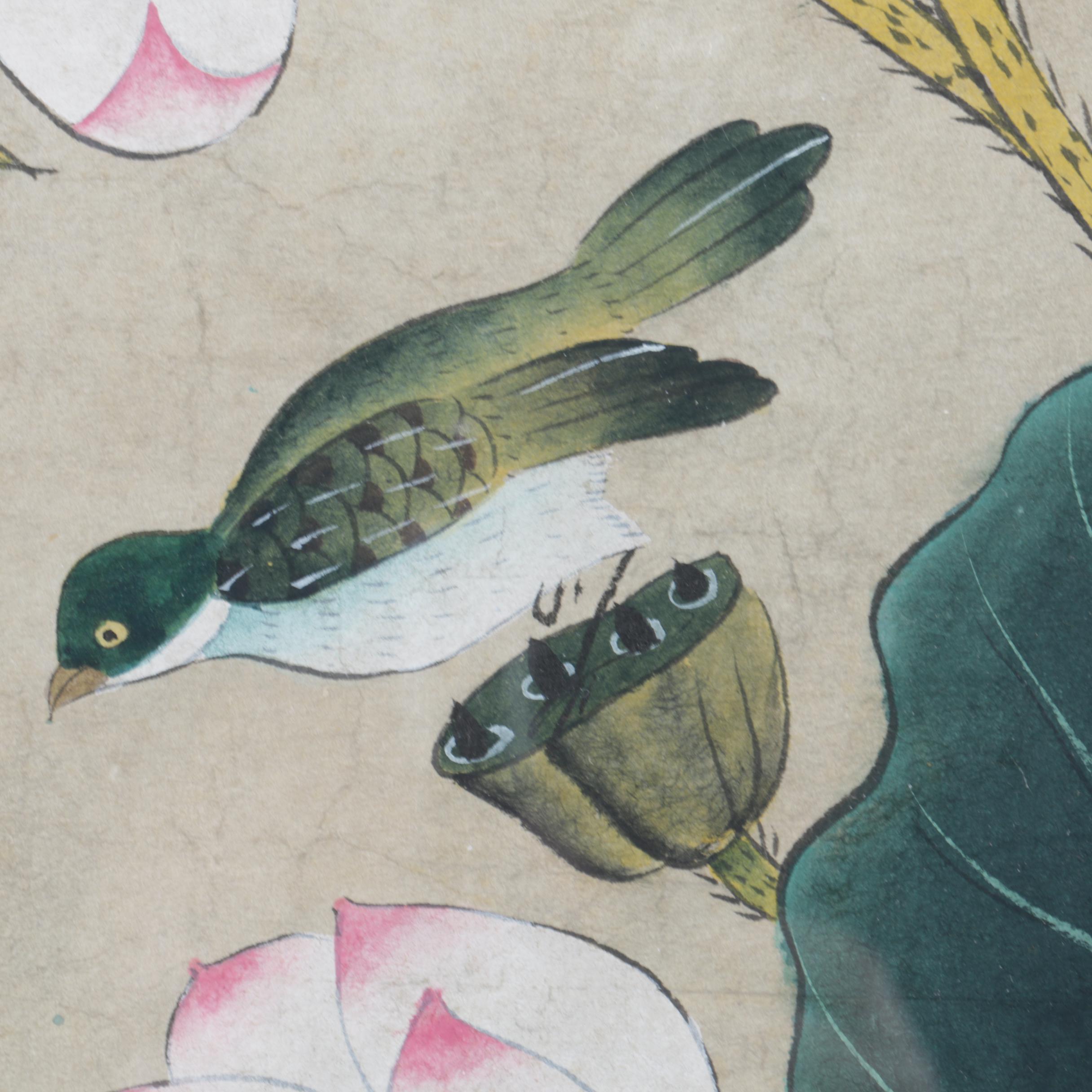 East Asian Watercolor, Gouache and Ink Wash Painting of Birds and Water Lilies