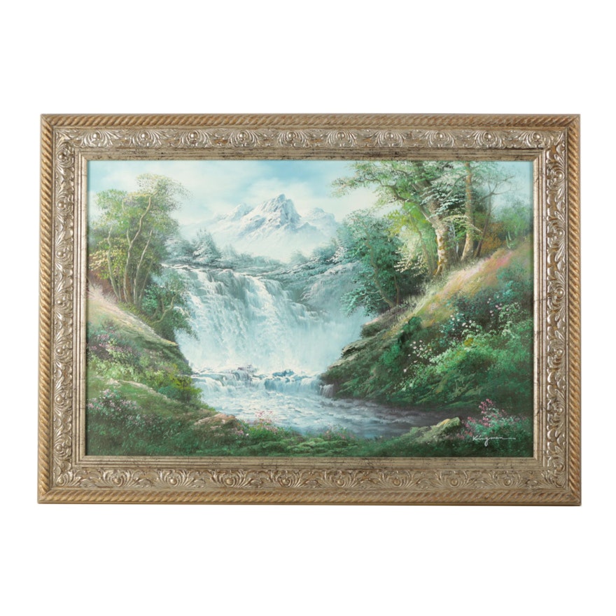 Kingman Acrylic Painting on Canvas of Waterfall Against Mountain Landscape