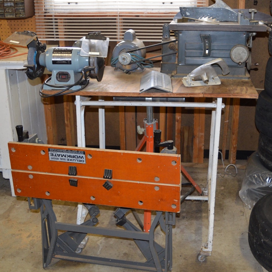 Work Station with Saw and Delta Bench Grinder and a Dual Height Workmate Table