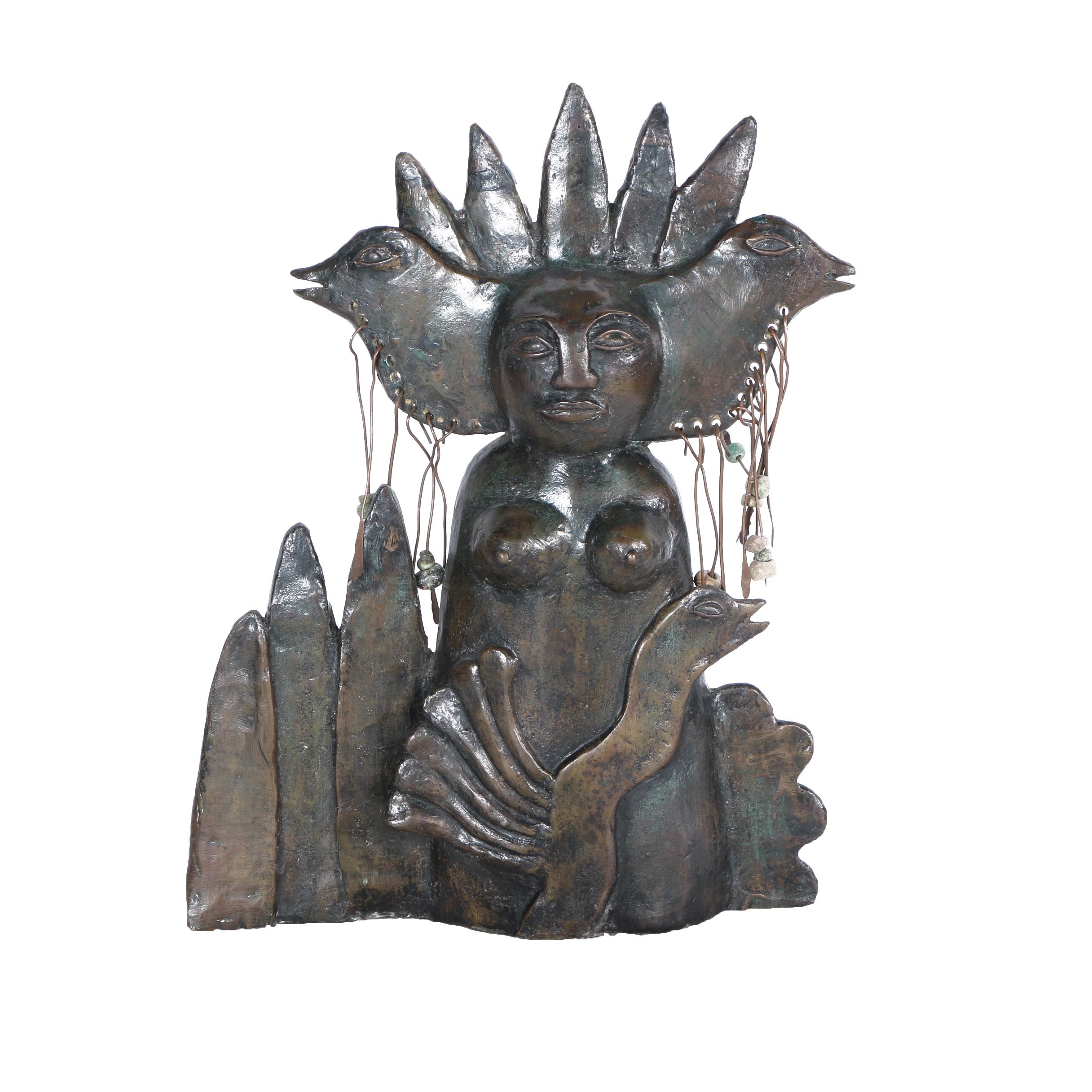 Jesus Tellosa 1987 Bronze Sculpture of Female Figure with Birds