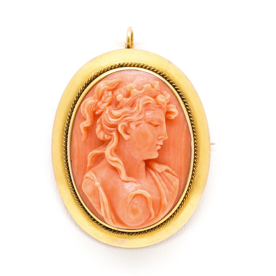 10K Yellow Gold Coral Cleopatra Cameo Pendant Brooch