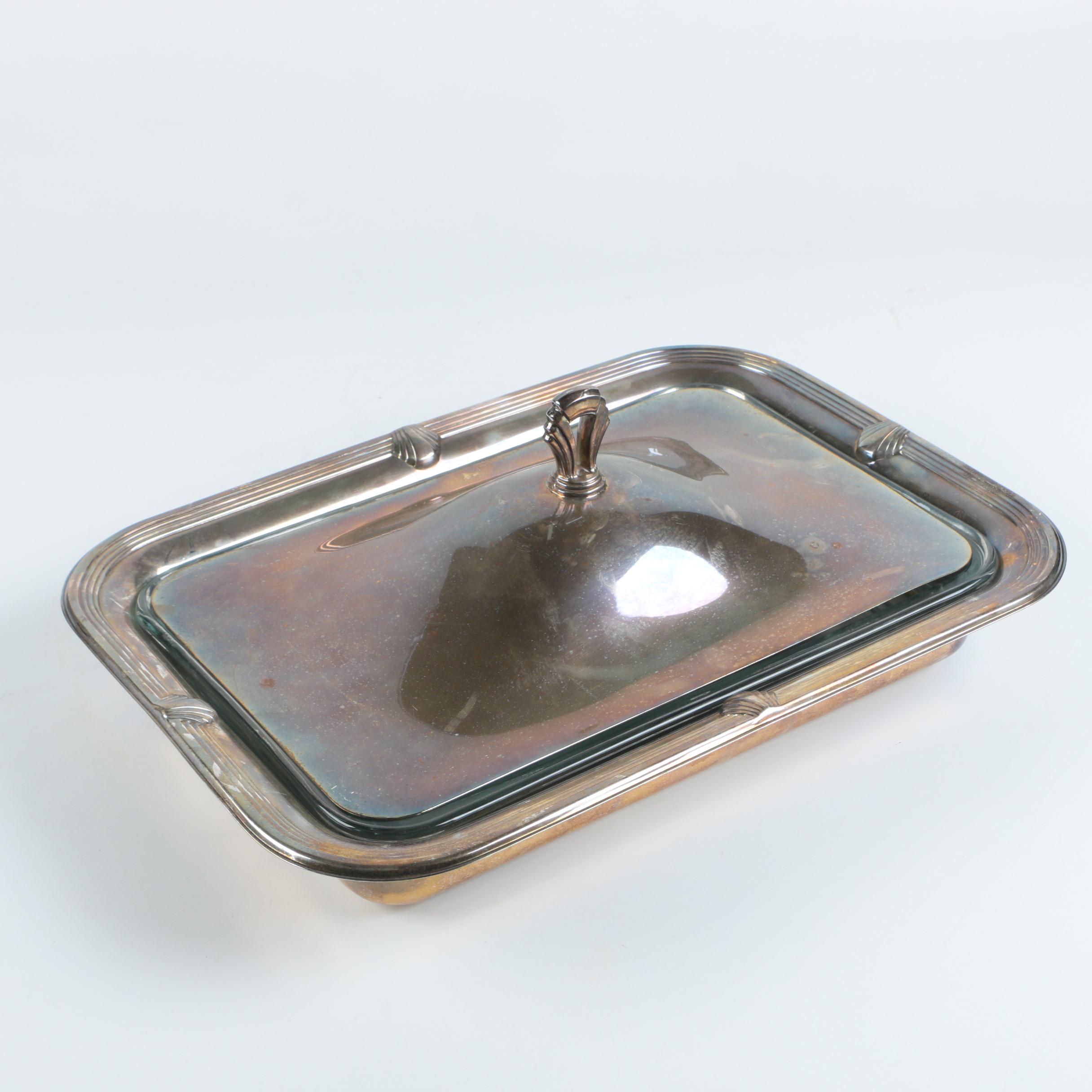Art Decor Inspired Silver Plate Lidded Casserole Dish with Glass Liner