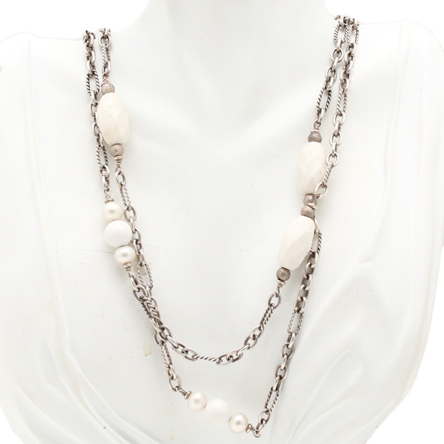 David Yurman Sterling Silver Agate and Pearl Beaded Necklace EBTH