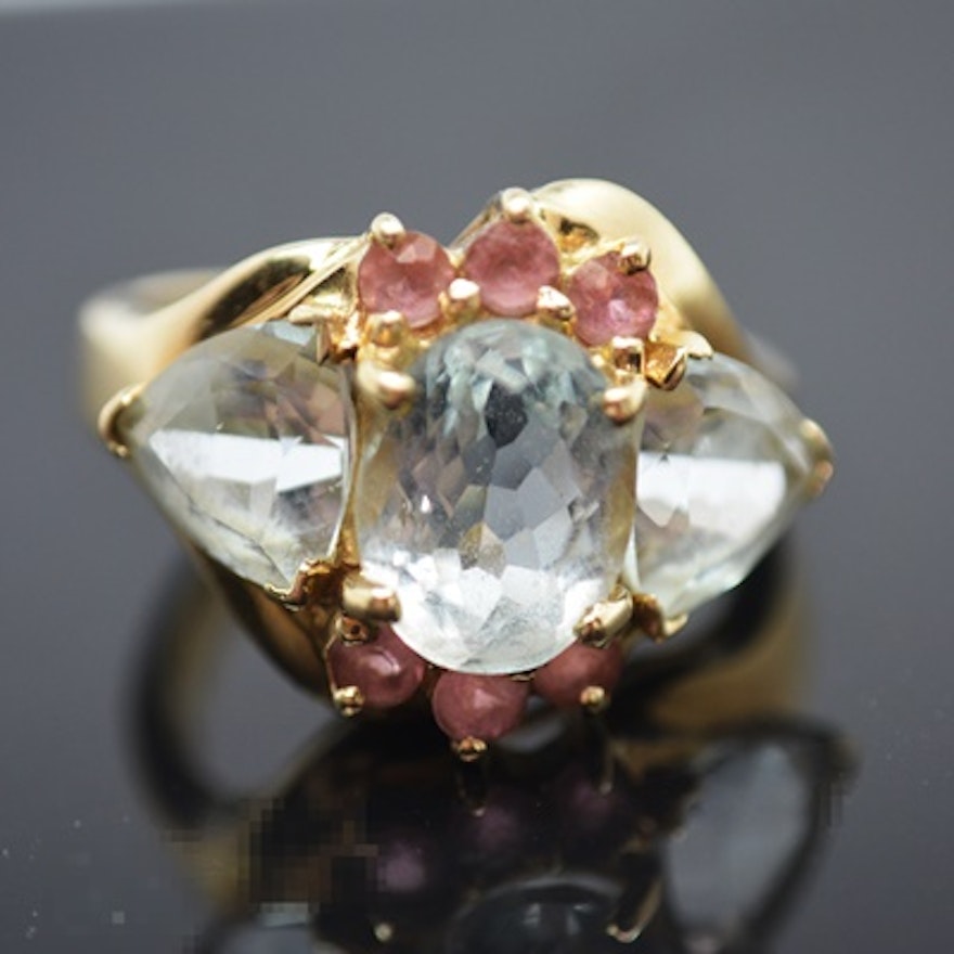 10K Yellow Gold Aquamarine and Pink Tourmaline Ring
