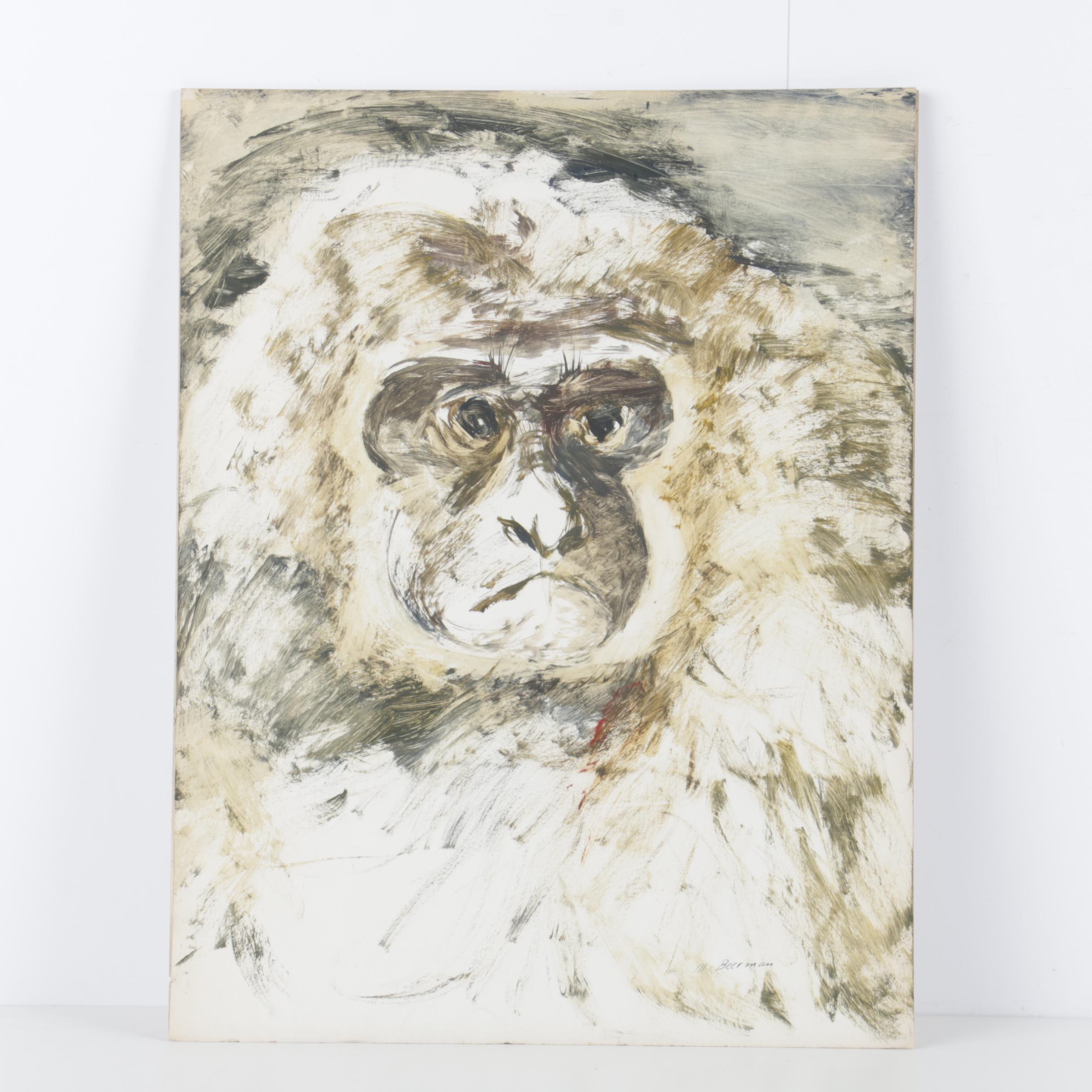 Two Miriam Beerman Circa 1970 Gouache Paintings on Paper of Monkeys