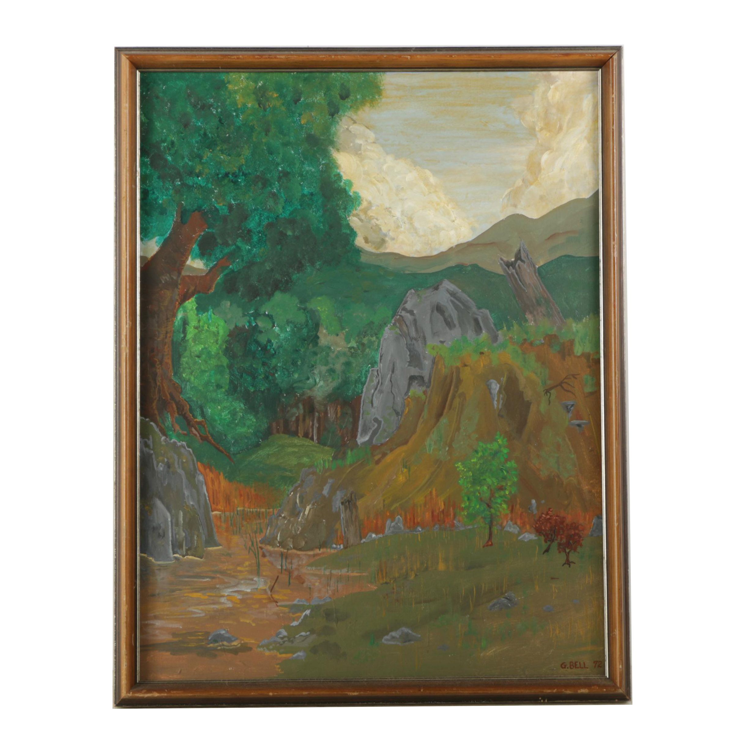 G. Bell 1972 Oil Painting on Canvas Board of Forest Landscape