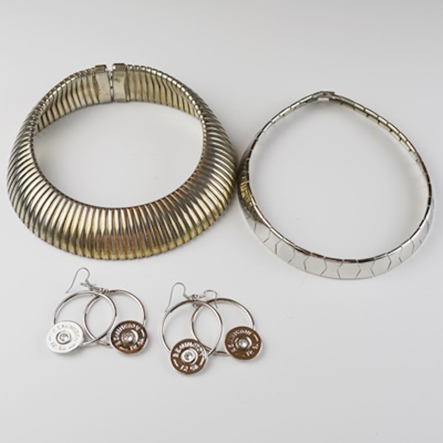 Silver Tone Costume Choker Necklaces and Remington Bullet Earrings