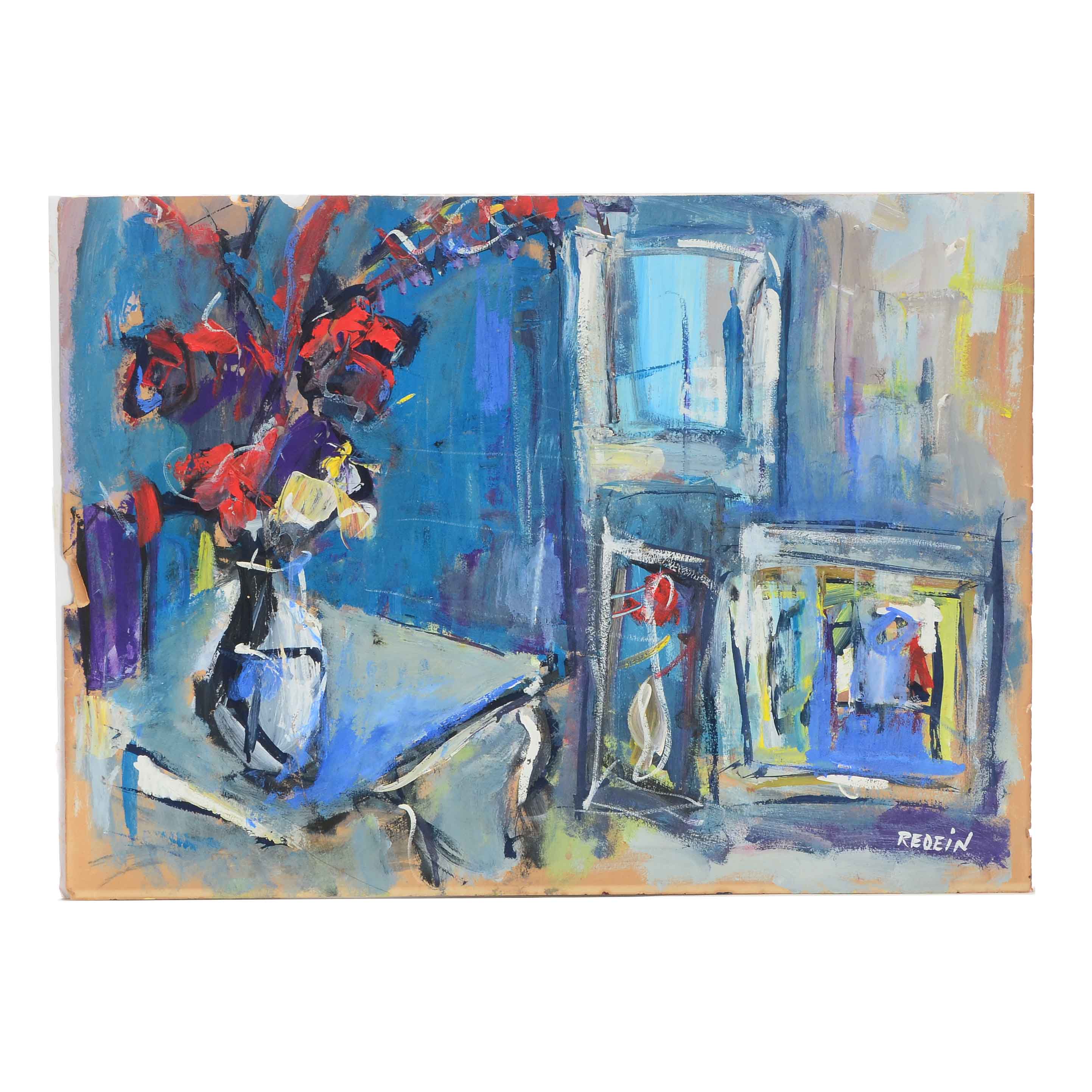 Alexander Redein Signed Original Oil Painting on Paper of an Interior Scene