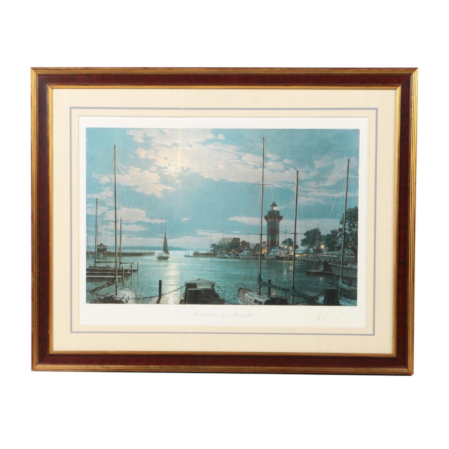 John Stobart Limited Edition Offset Lithograph "Harbourtown by Moonlight"