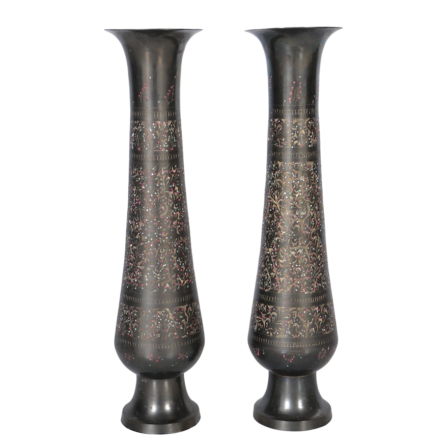 Pair of Etched Brass Vases