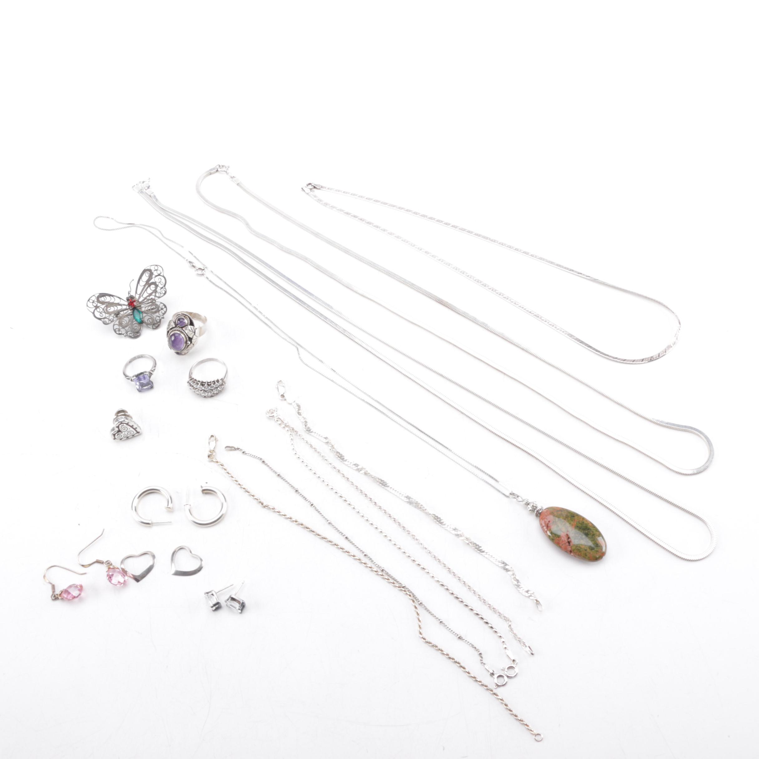 Sterling Silver Jewelry Including Amethyst Ring