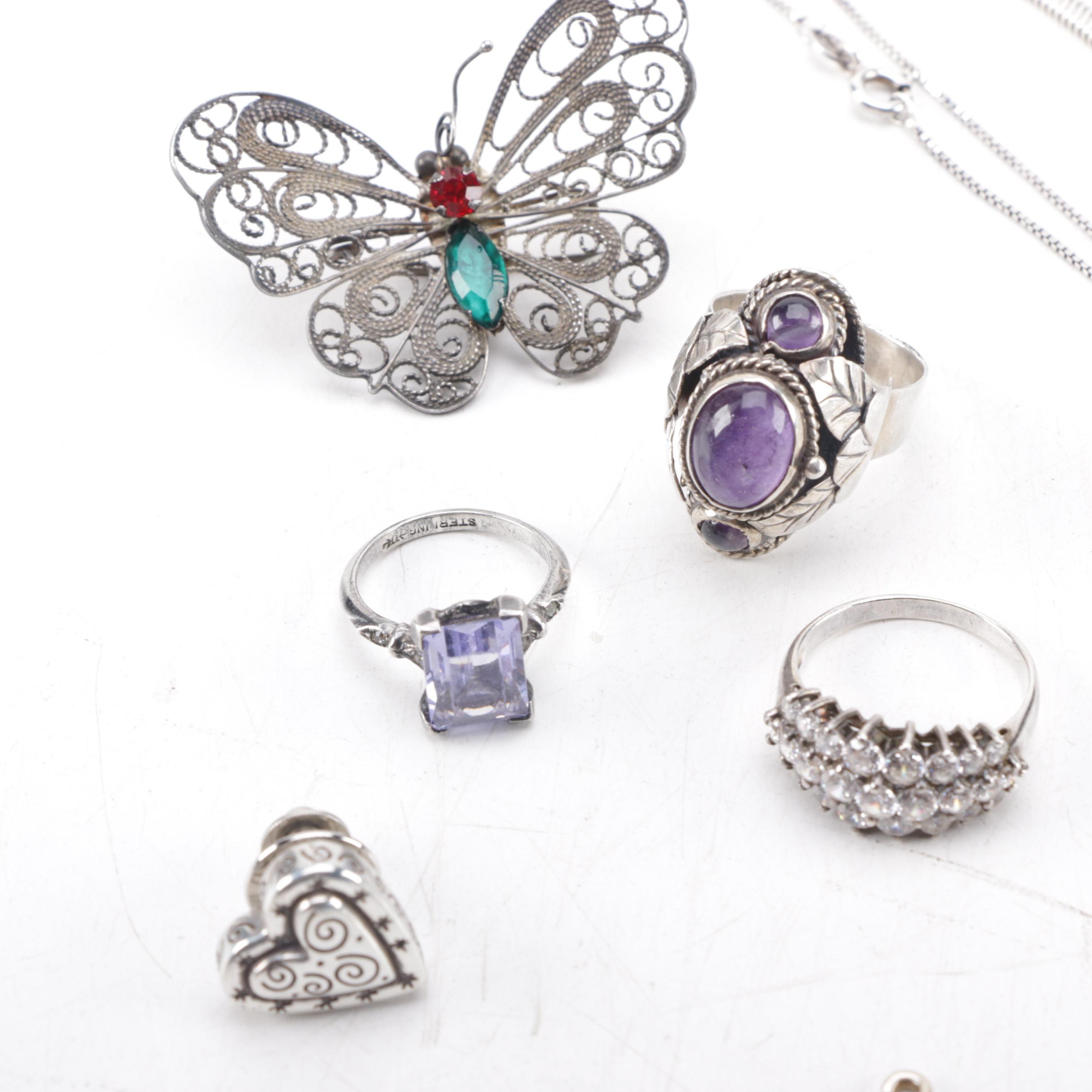 Sterling Silver Jewelry Including Amethyst Ring