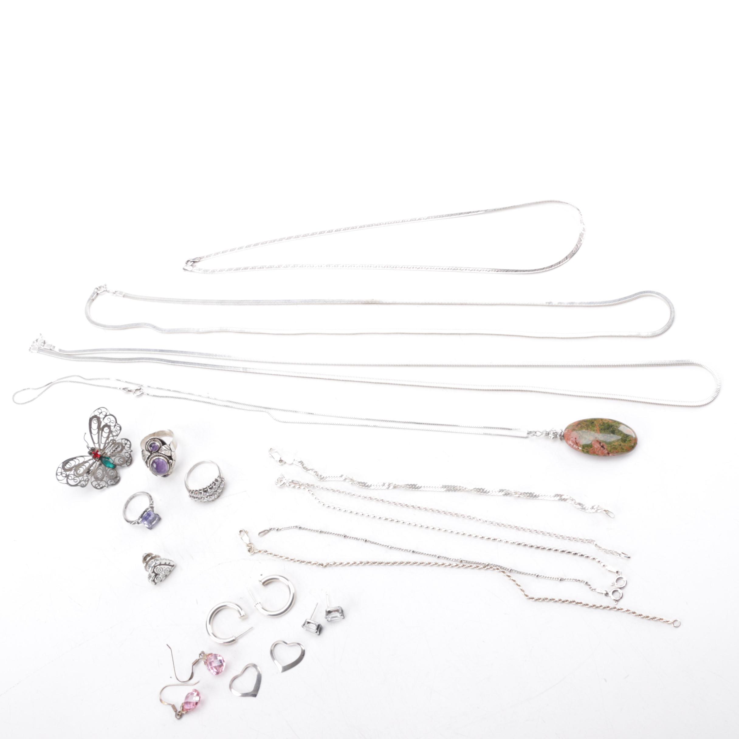 Sterling Silver Jewelry Including Amethyst Ring