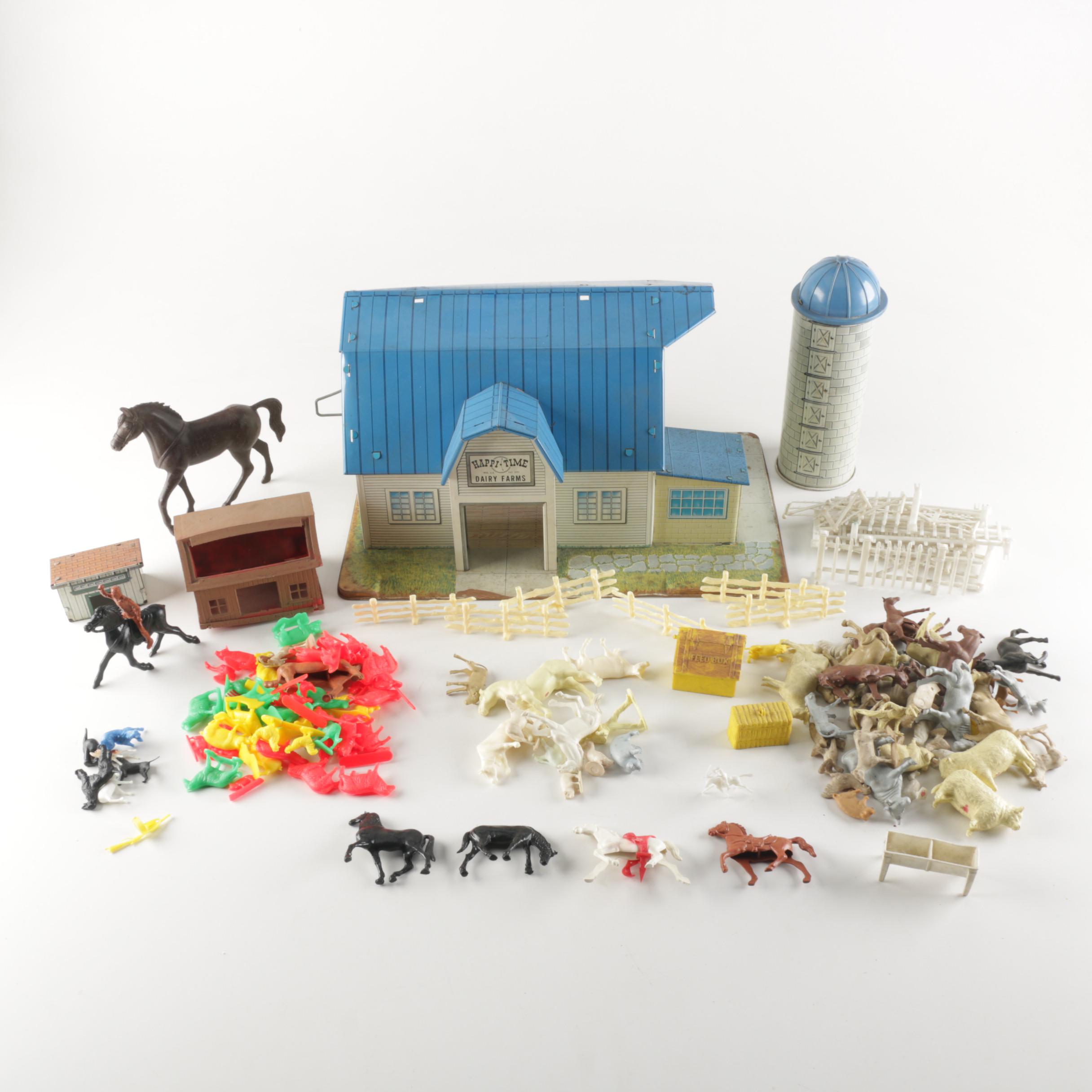 1950s Marx Tin Litho Barn with Plastic Accessories