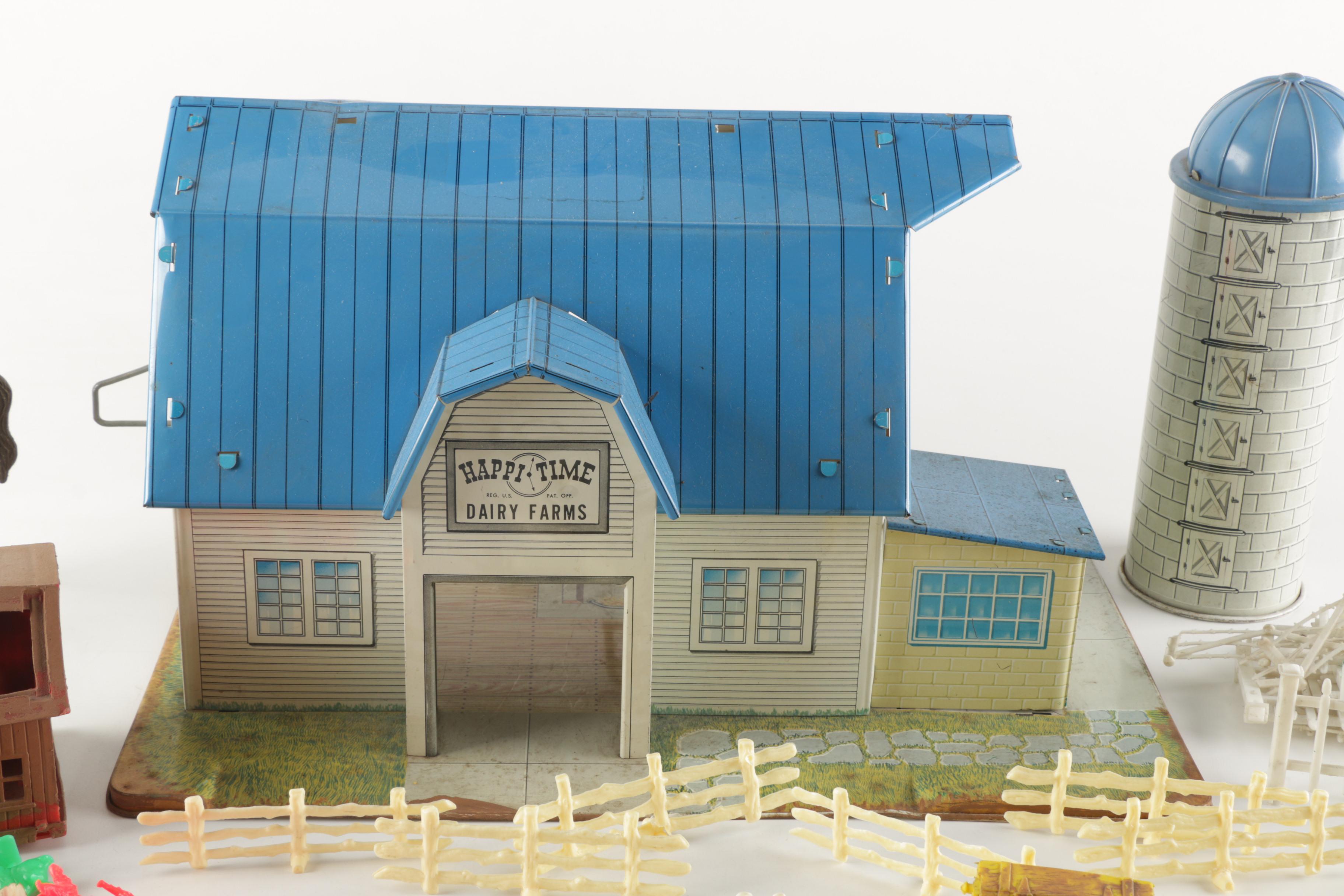 1950s Marx Tin Litho Barn with Plastic Accessories