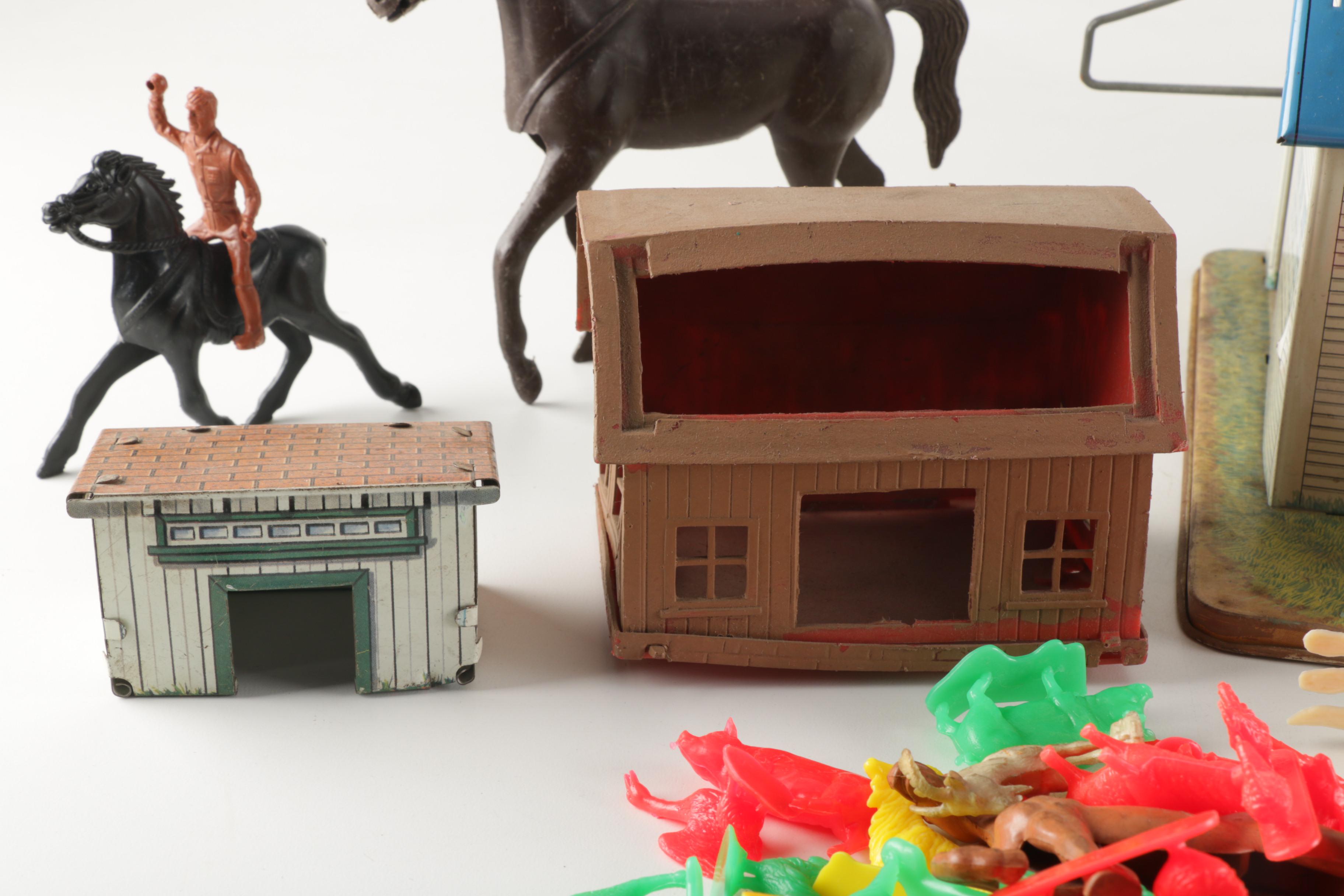 1950s Marx Tin Litho Barn with Plastic Accessories