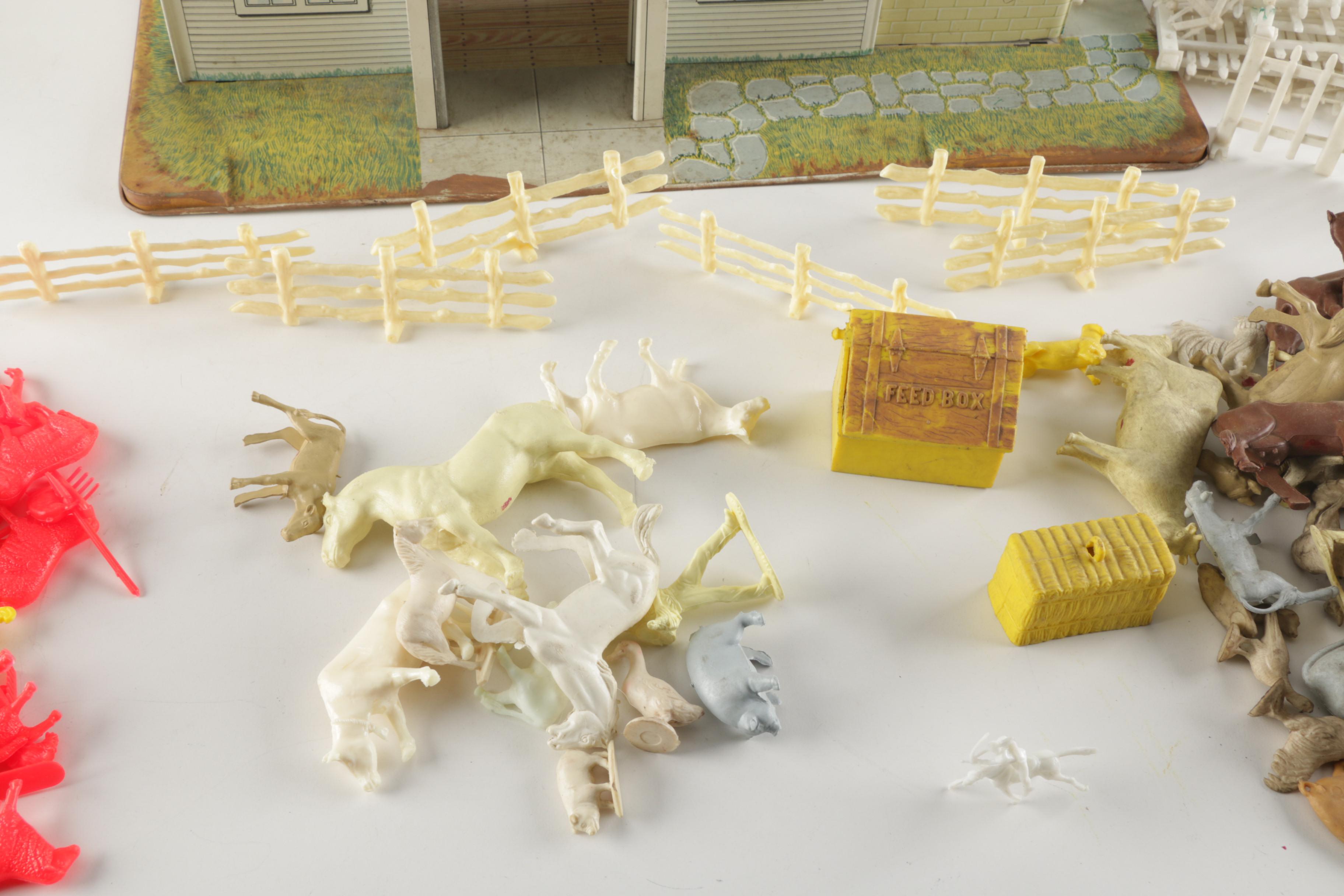 1950s Marx Tin Litho Barn with Plastic Accessories