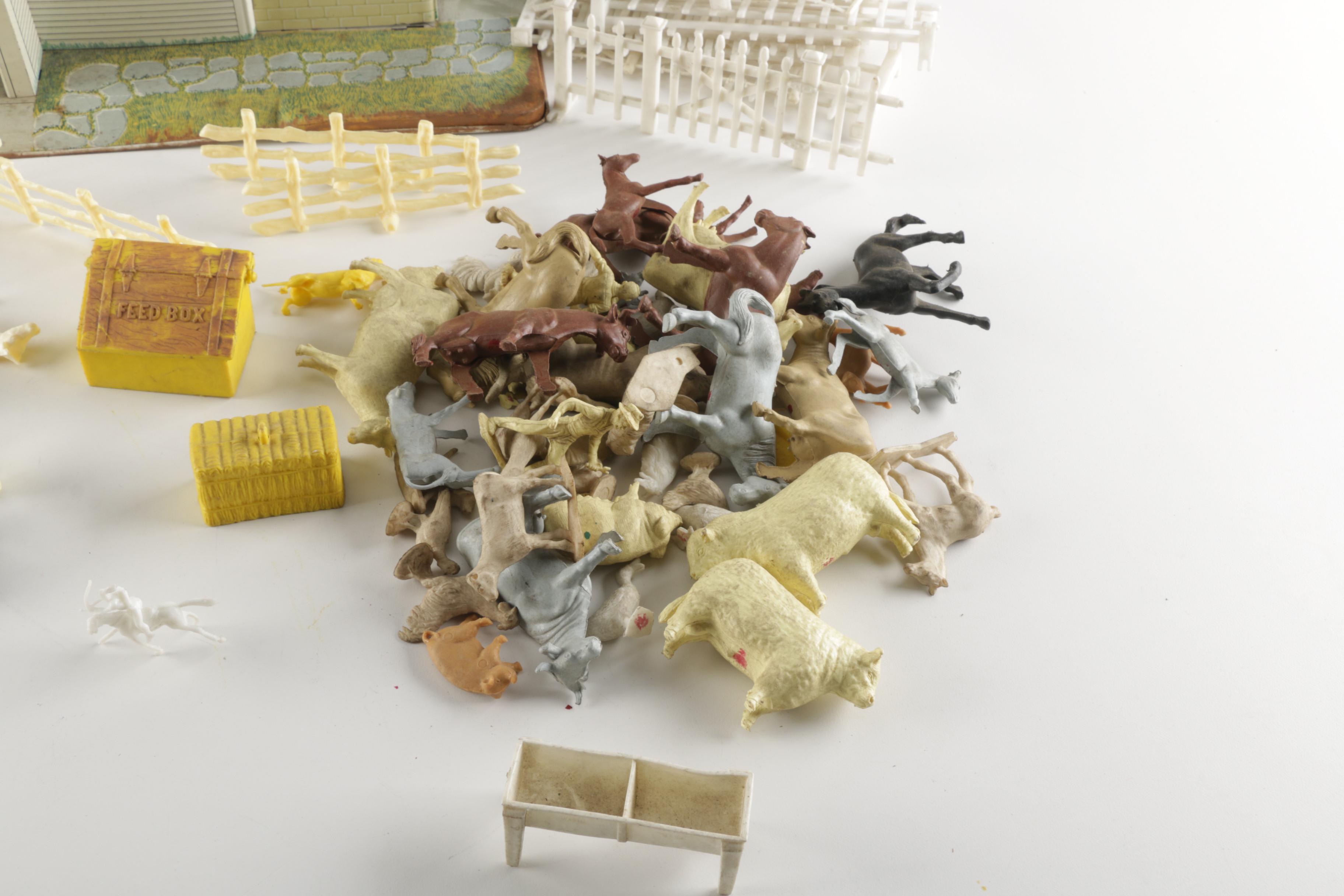 1950s Marx Tin Litho Barn with Plastic Accessories